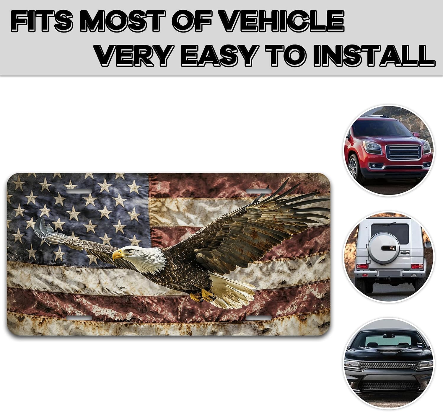 American Flag and Bald Eagle Front License Plate Cover, Aluminum Metal Decorative Vanity Tag, 6x12 Inches 4 Holes Car Decor Accessory for Men & Women (American Flag and Bald Eagle-01)