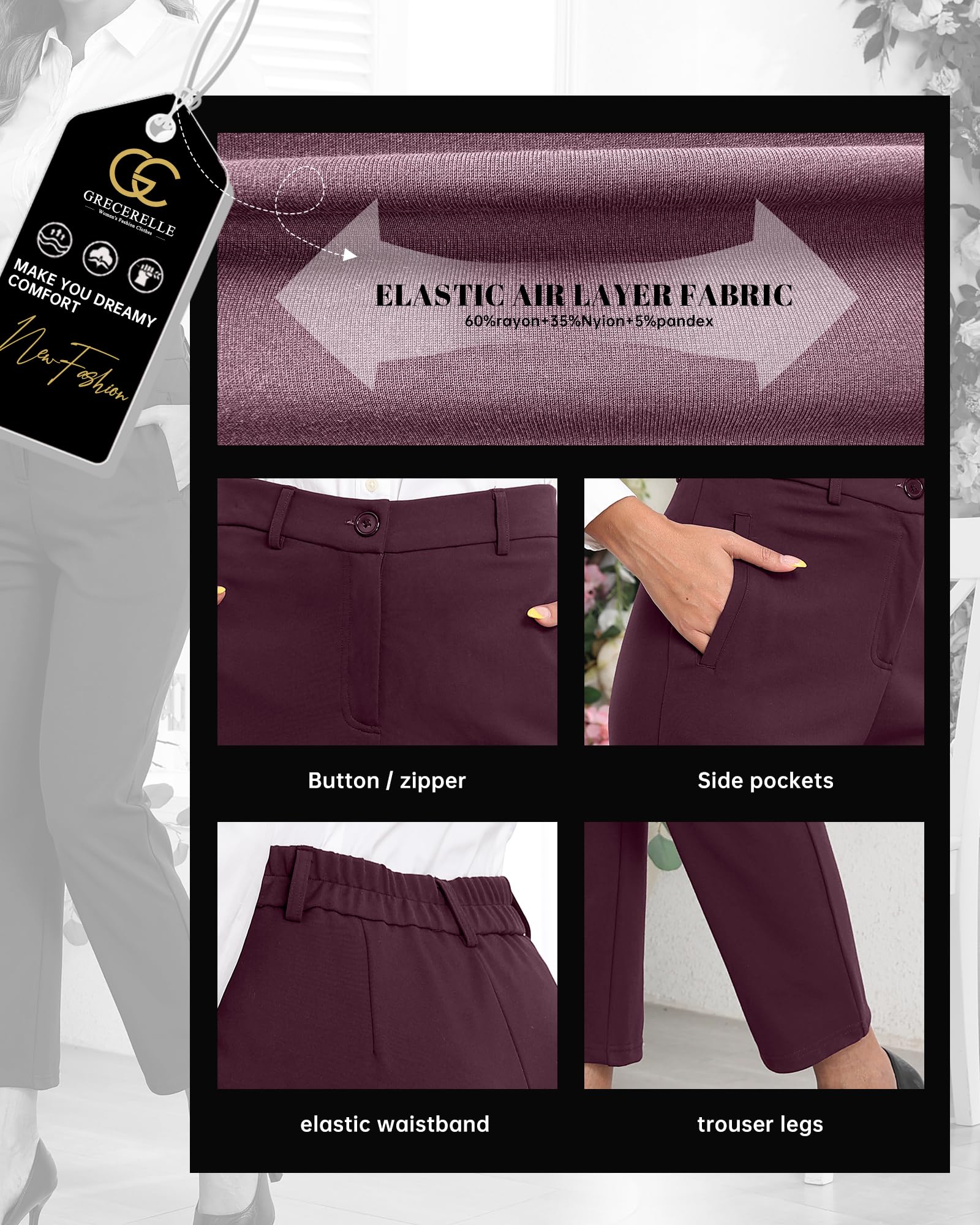 GRECERELLE Womens Work Trousers Office Smart Stretchy High Elasticated Waist Straight Leg Casual Yoga Pants for Women UK with Pockets Zipper