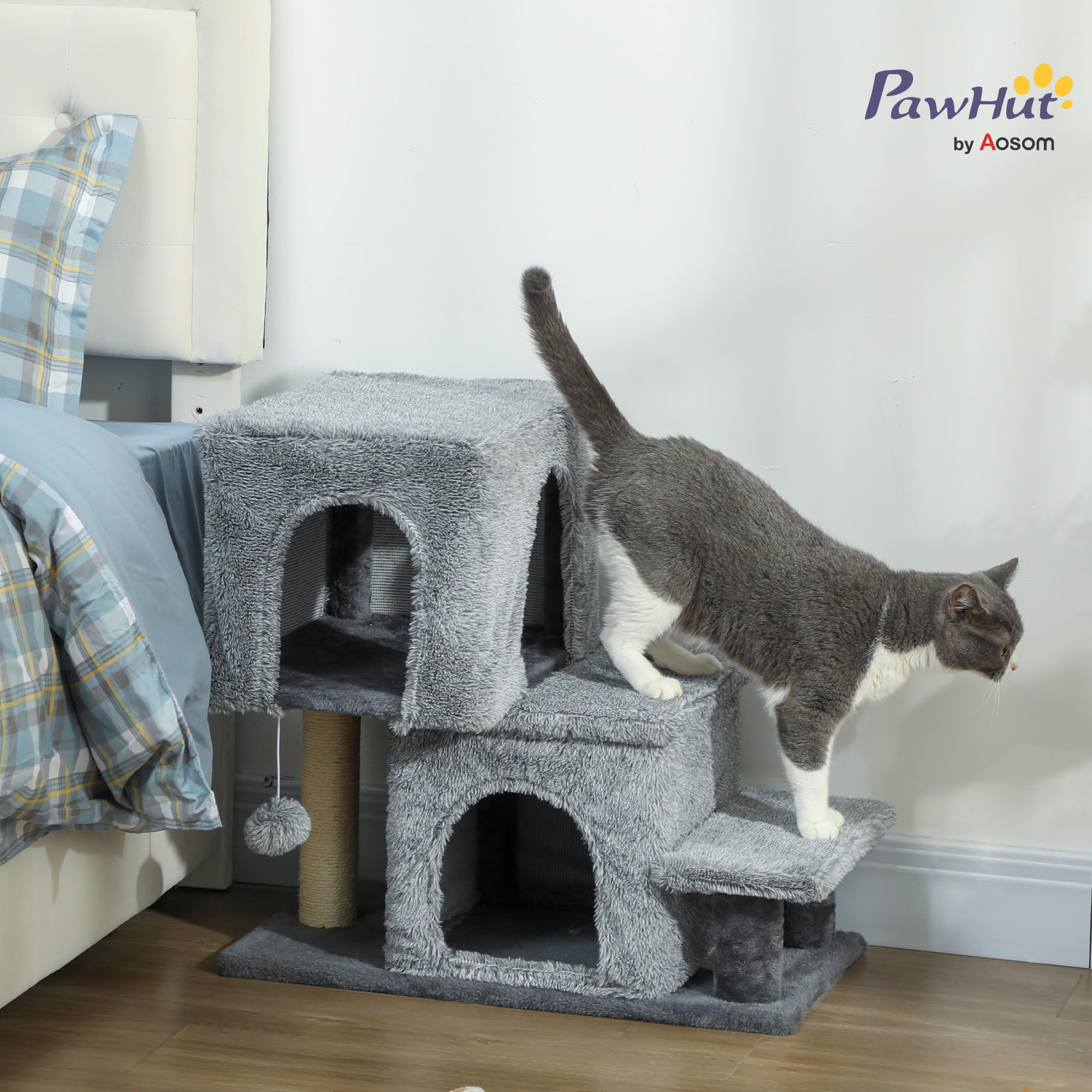 PawHut Scaletta per Gatti a 4 Gradini Regolabile in Altezza, Scalini per Gatti con 2 Casette, Palo Tiragraffi e Pallina, Scaletta per Cani e Gattini per Letto e Divano, Grigio