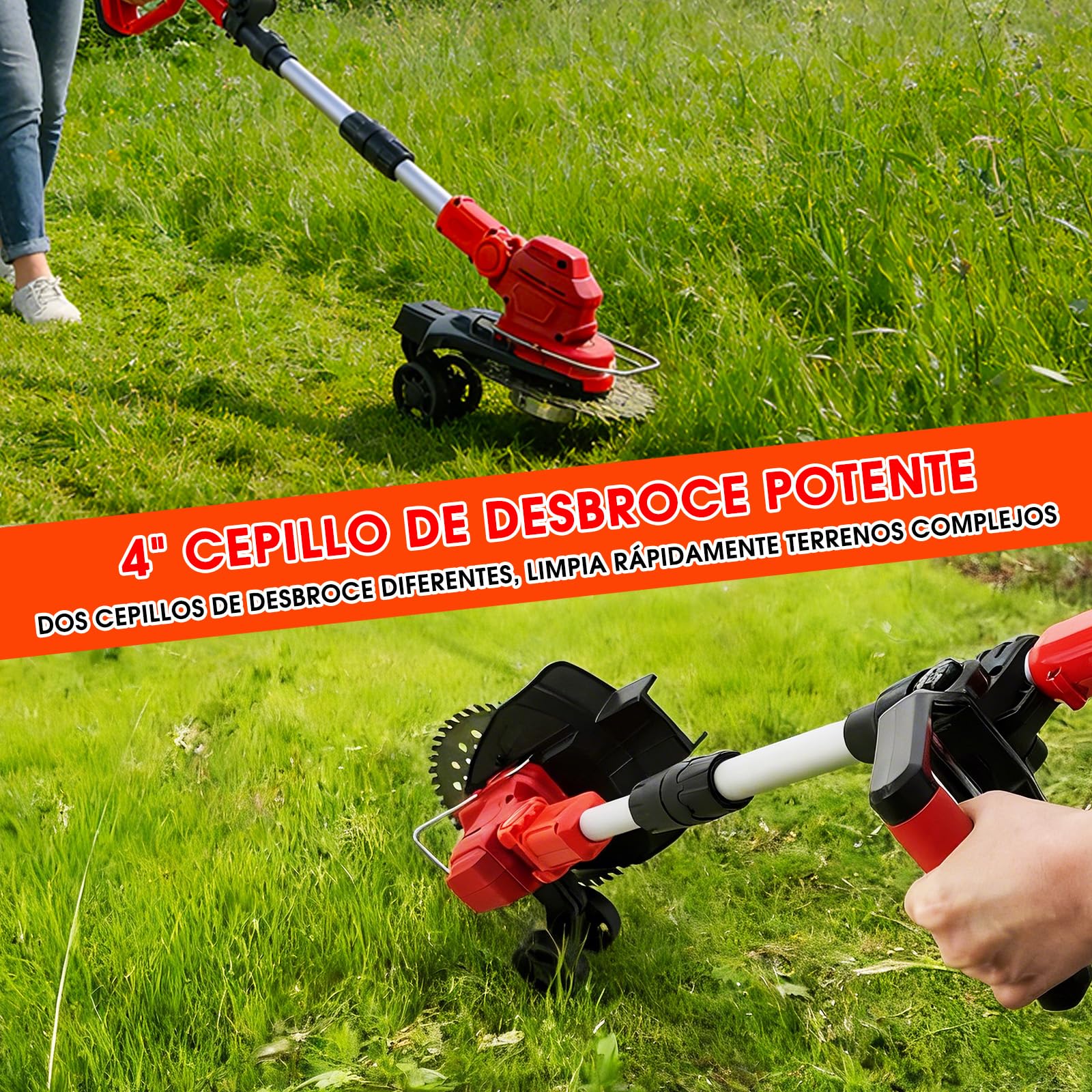 OUTIGO Cortacésped inalámbrico, batería de 21 V (4 Ah), 4 Cuchillas, Mango telescópico Ajustable, desbrozadora de batería para jardinería