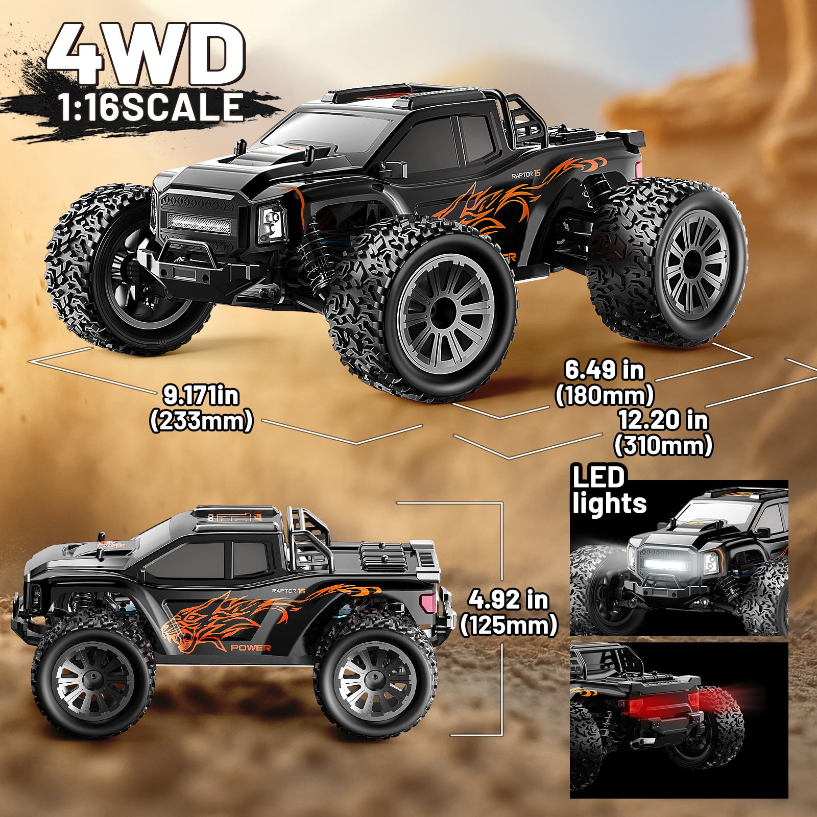 Ferngesteuertes Auto Erwachsene 1:16 RC Auto 4WD Offroad, 36 km/h High Speed RC Car All-Terrain Monstertruck Ferngesteuerter geländewagen mit 2.4GHz Fernsteuerung, Doppelter 7.4V 1500mAh Akku