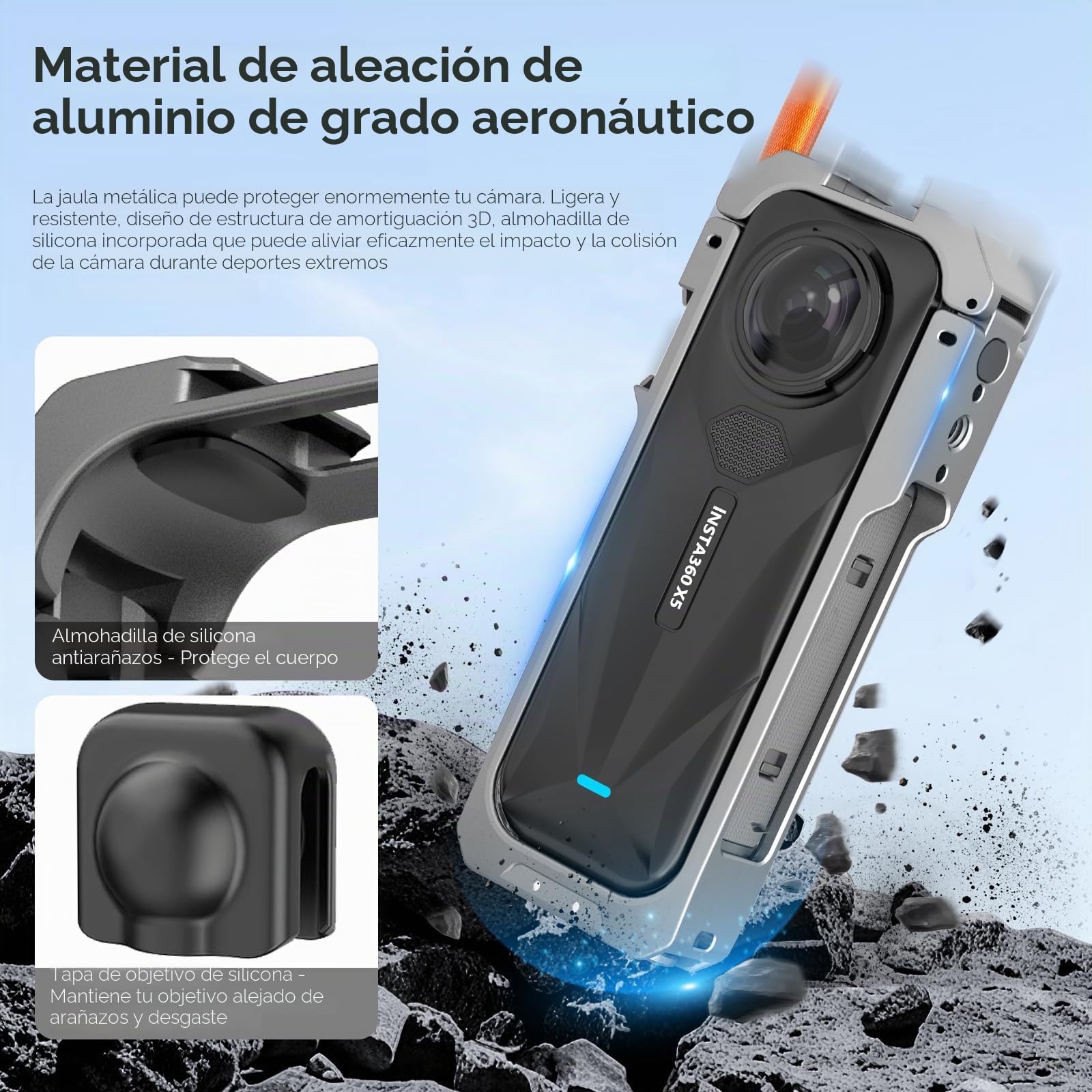 REYGEAK para el Marco de Utilidad Insta-360 x5, la Jaula de la cámara de Aluminio para Insta360 X5, Estuche Protectora con Cubierta de Lente de Silicona, Caja Protectora con 1/4 Dedos Plegables