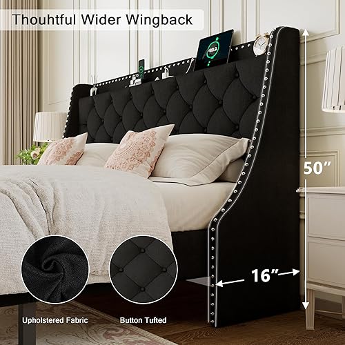 Miniatura 30 de Base de cama tamaño Queen con cabecero de almacenamiento capitoné con botones en la parte trasera y puertos tipo CA, plataforma tapizada, soporte de