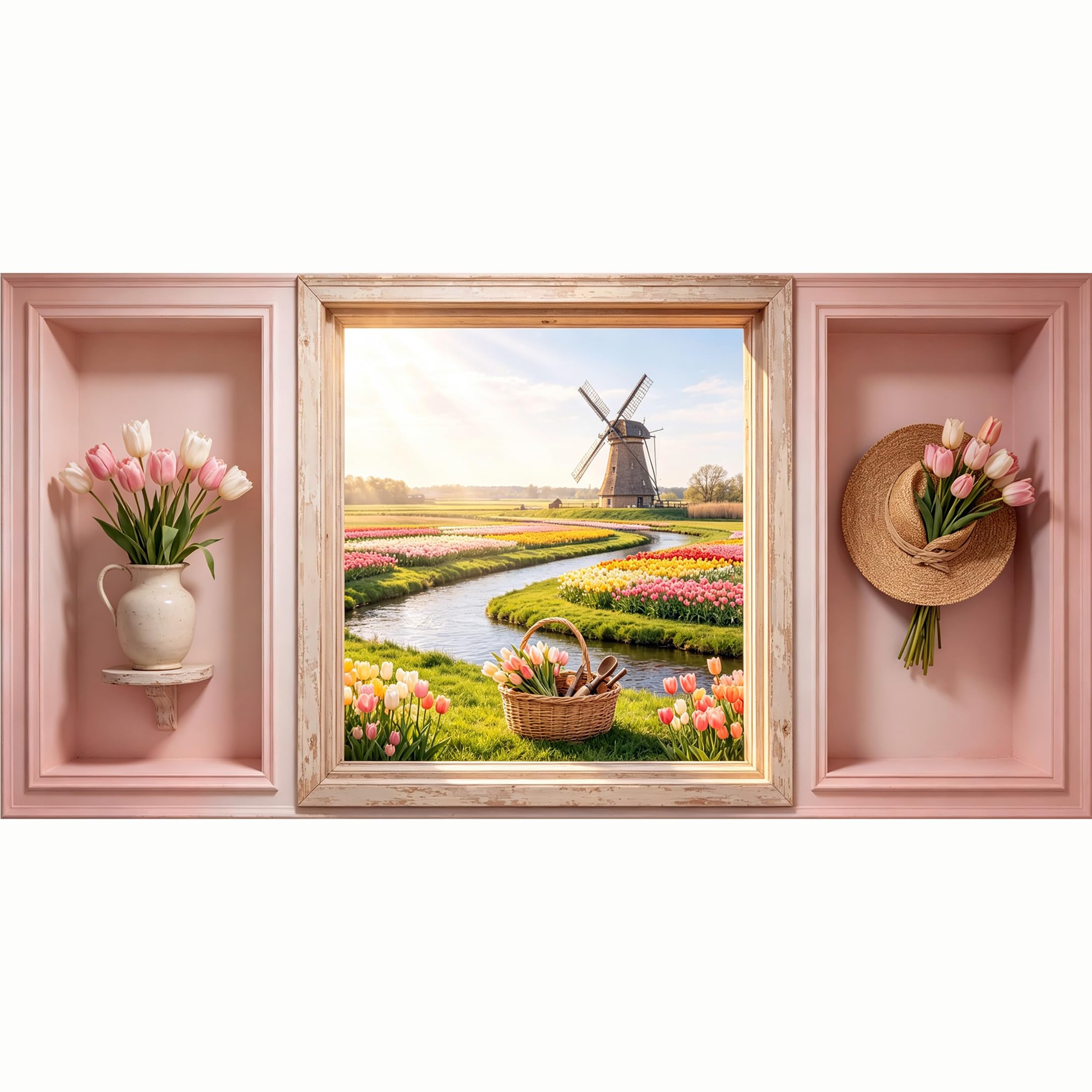 QZLITHOTIC 50x100cm 3D Framed Wall Art， Dutch Windmill Tulip Flower Field Landscape SelfAdhesive Mural， WaterActivated Peel & Stick Fabric Decor Wall Decal for Bedroom Living Room