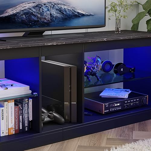 Miniatura 5 de Bestier soporte RGB para televisión de más de 65 pulgadas, centro de entretenimiento para videojuegos, consola LED con 2 estantes de vidrio, para