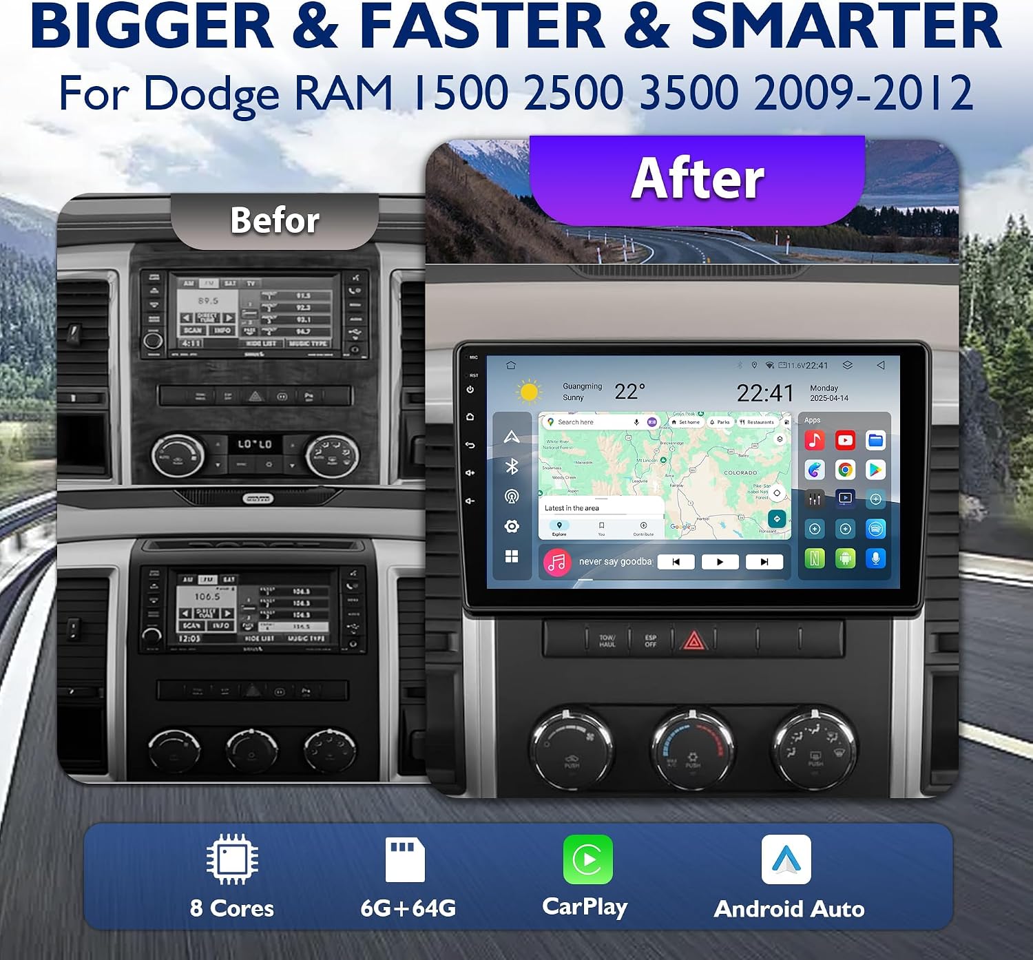8 Core 6G+64G Car Radio Stereo for Dodge Ram 1500 2500 3500 2009-2012 image 4