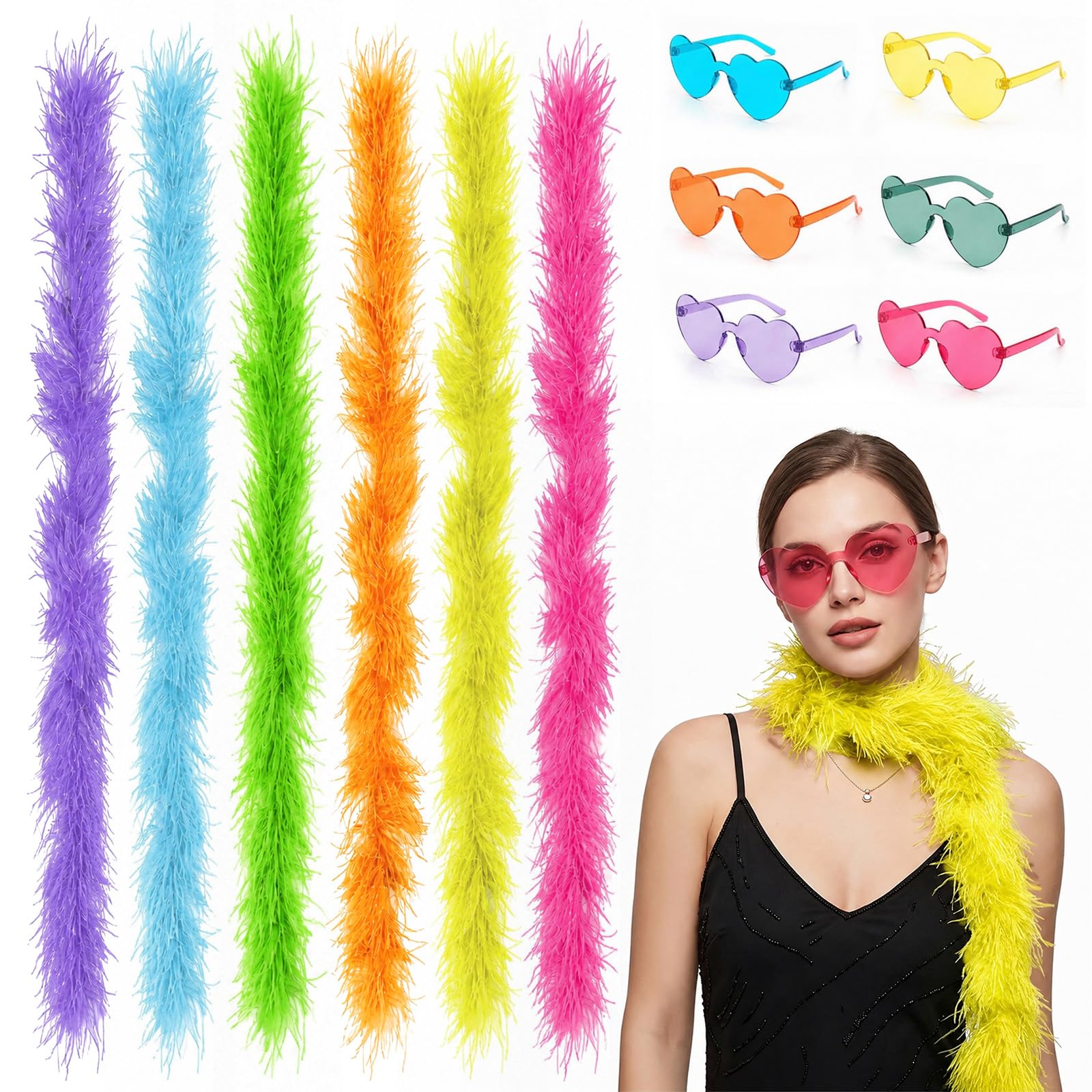 baotongle 6pcs Feather Boas with 6PCS Heart Sunglasses Artificial Fluffy Boas for Women Party Favor Carnival Halloween (Multicolored)