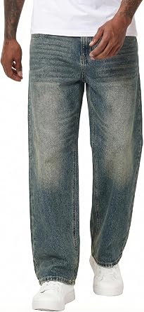 MZNBURAM Mens Non-Stretch Loose Fit Wide-Leg Baggy Jeans Pants