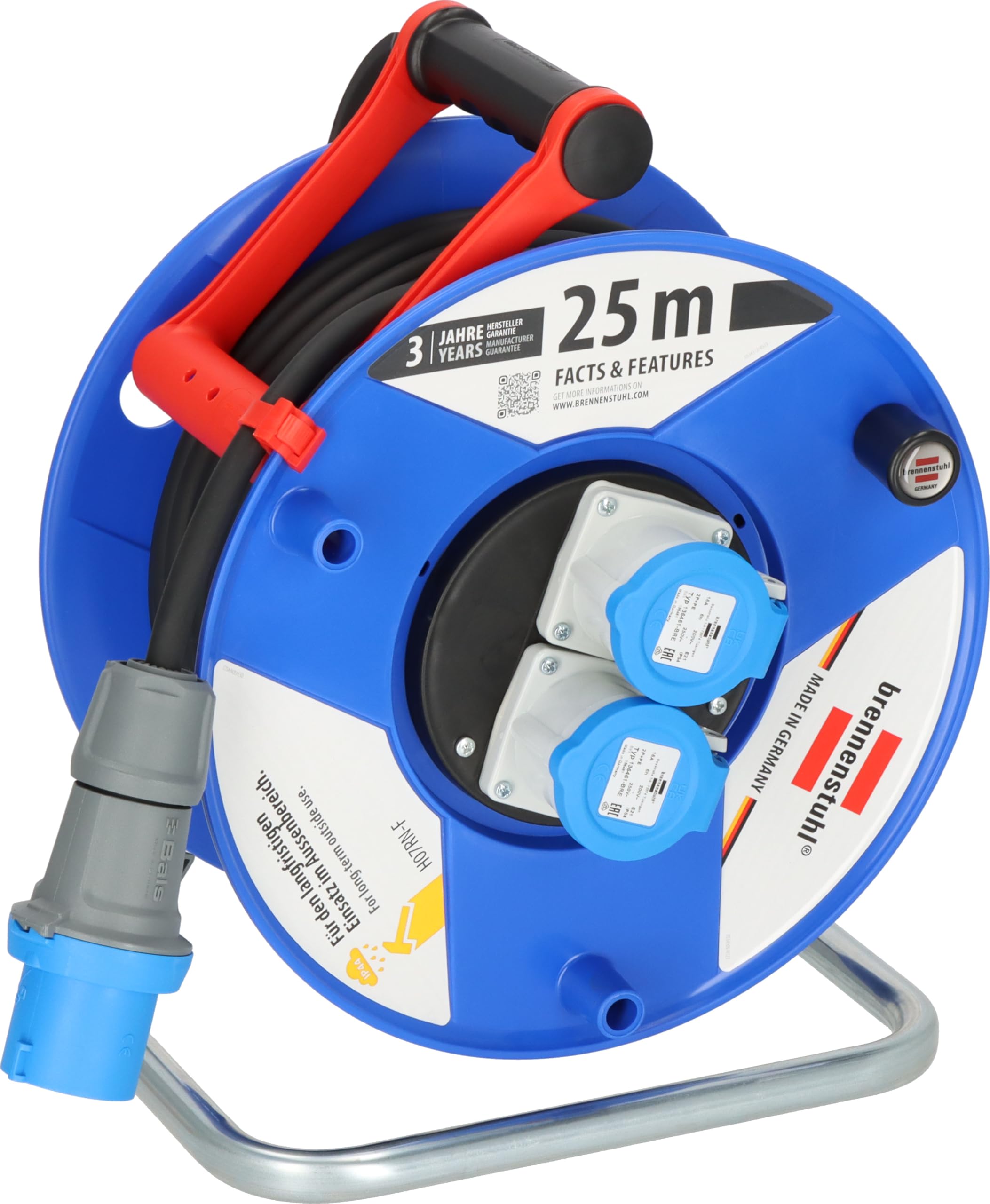 Brennenstuhl Garant CEE 2 IP44 - Avvolgicavo industriale/cantiere, 25 m (H07RN-F 3G2,5, avvolgicavo con 2 prese CEE, per uso costante in esterni, IP44, prodotto in Germania), colore: Blu