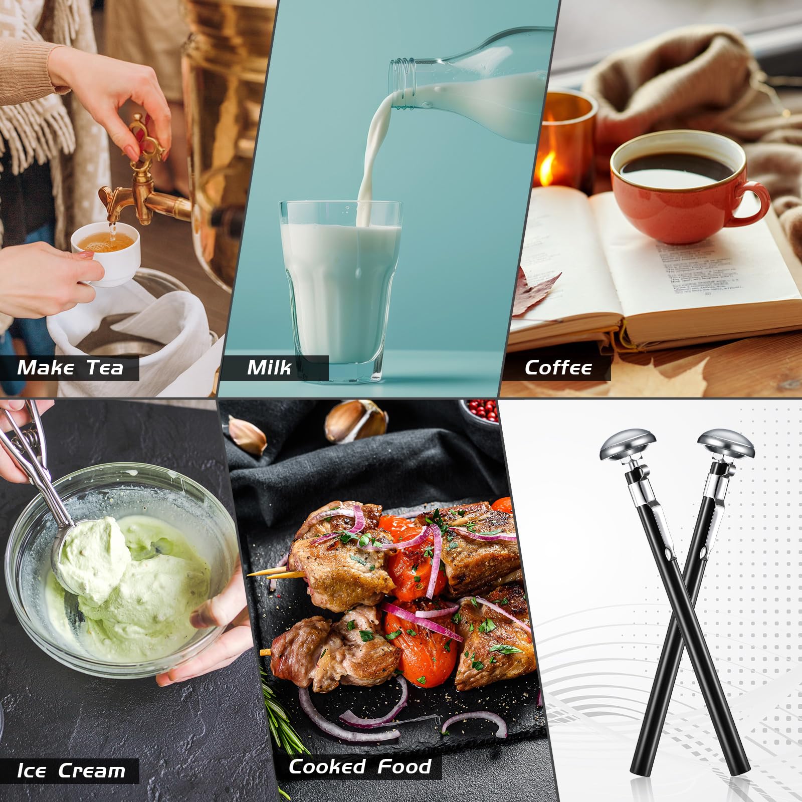 Xuhal Lot de 12 thermomètres de cuisine en acier inoxydable avec tige de 12,7 cm de long, cadran de 2,5 cm, thermomètre à mousse de lait pour four, sonde de viande, barbecue, cuisson, chocolat, eau