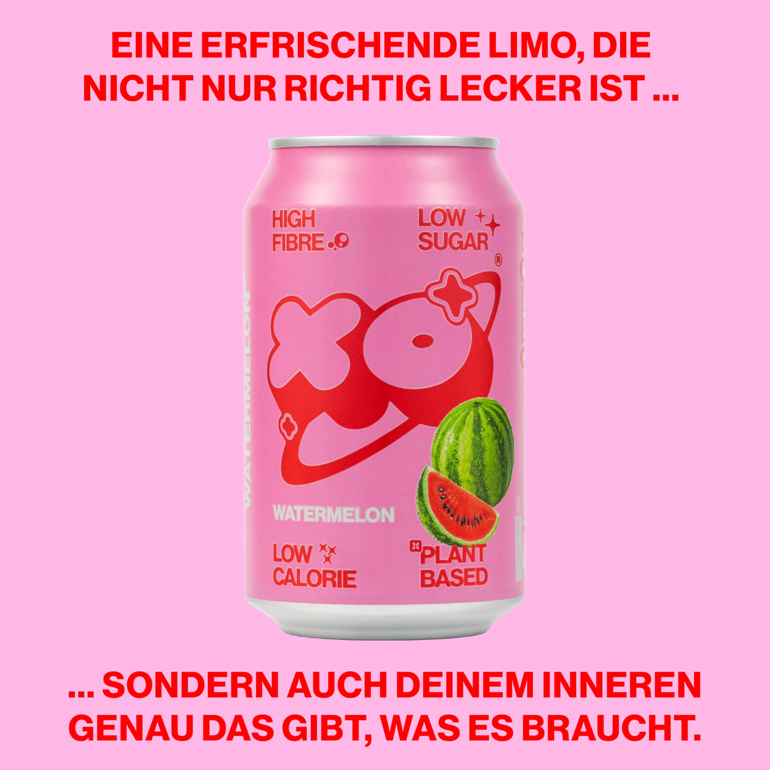 XO Watermelon Lemonade (12 x 330 ml) | erfrischend, natürlich, ballaststoffreich | 6 g pflanzliche Präbiotika | wenig Zucker & Kalorien