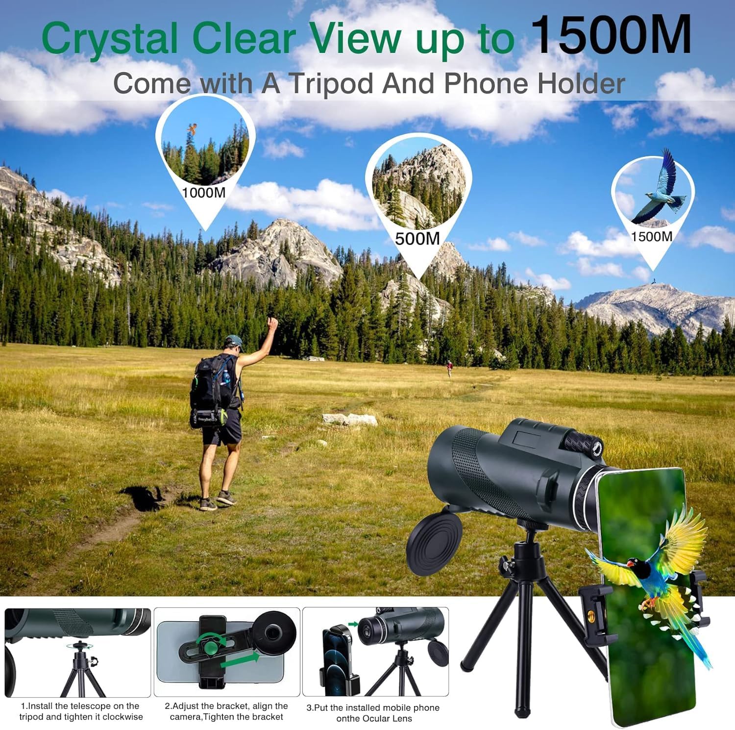 Monocular Telescope 50x60 with Smartphone Holder & Tripod, High Power HD Monocular for Adults with BAK4 Prism & FMC Lens, Low Light Night Vision Waterproof Scope for Bird Hiking Camping Travel Concert