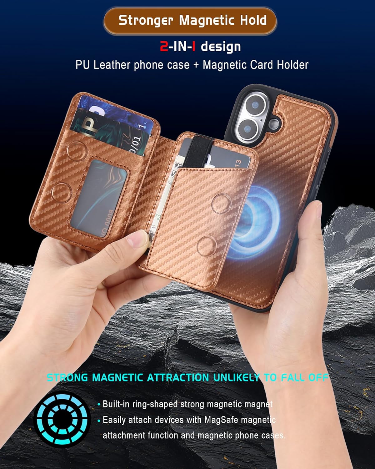 ASAPDOS Magnetic Detachable Wallet Case for iPhone 17 with Kickstand,2-in-1 MagSafe Compatible RFID Blocking Card Holder,Slim PU Leather Cover Carbon Coffee
