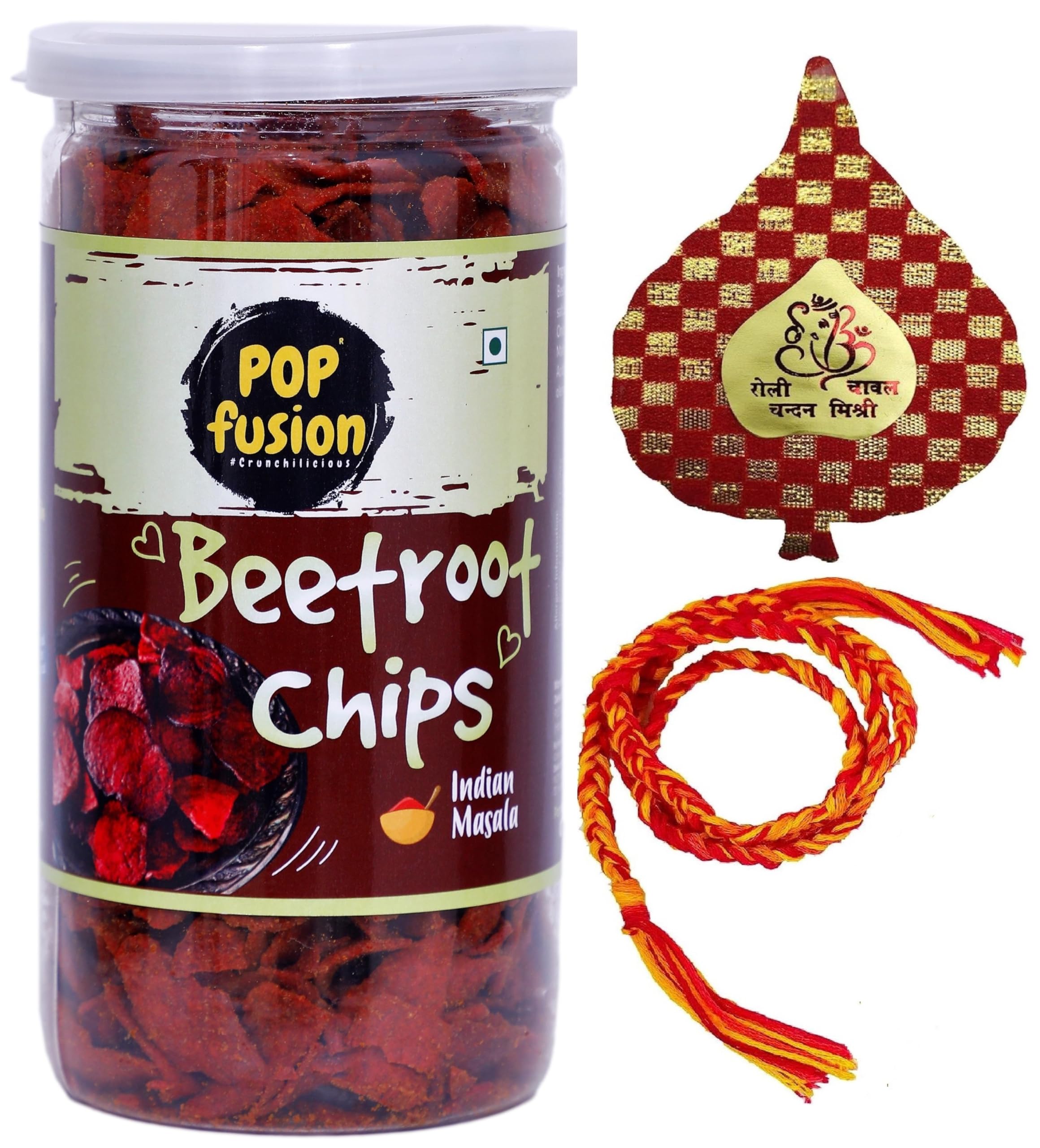 Popfusion Bhai Dooj Gift Healthy Beetroot Chips Masala 150gms with Bhai Dooj Silk Thread, Roli, Chawal, Chandan, Mishri in a Special Pack
