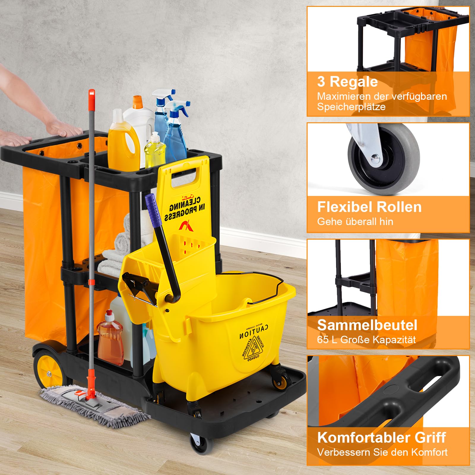bimiti Profi Putzwagen Reinigungswagen mit extra groß Tasche, 113 x 56 x 93 cm, 3 Ebenen Reinigungswagen Putzwagen Haushaltswagen mit 4 Rollen, Große Kapazität 65 L Müllsack, Gelb + Schwarz