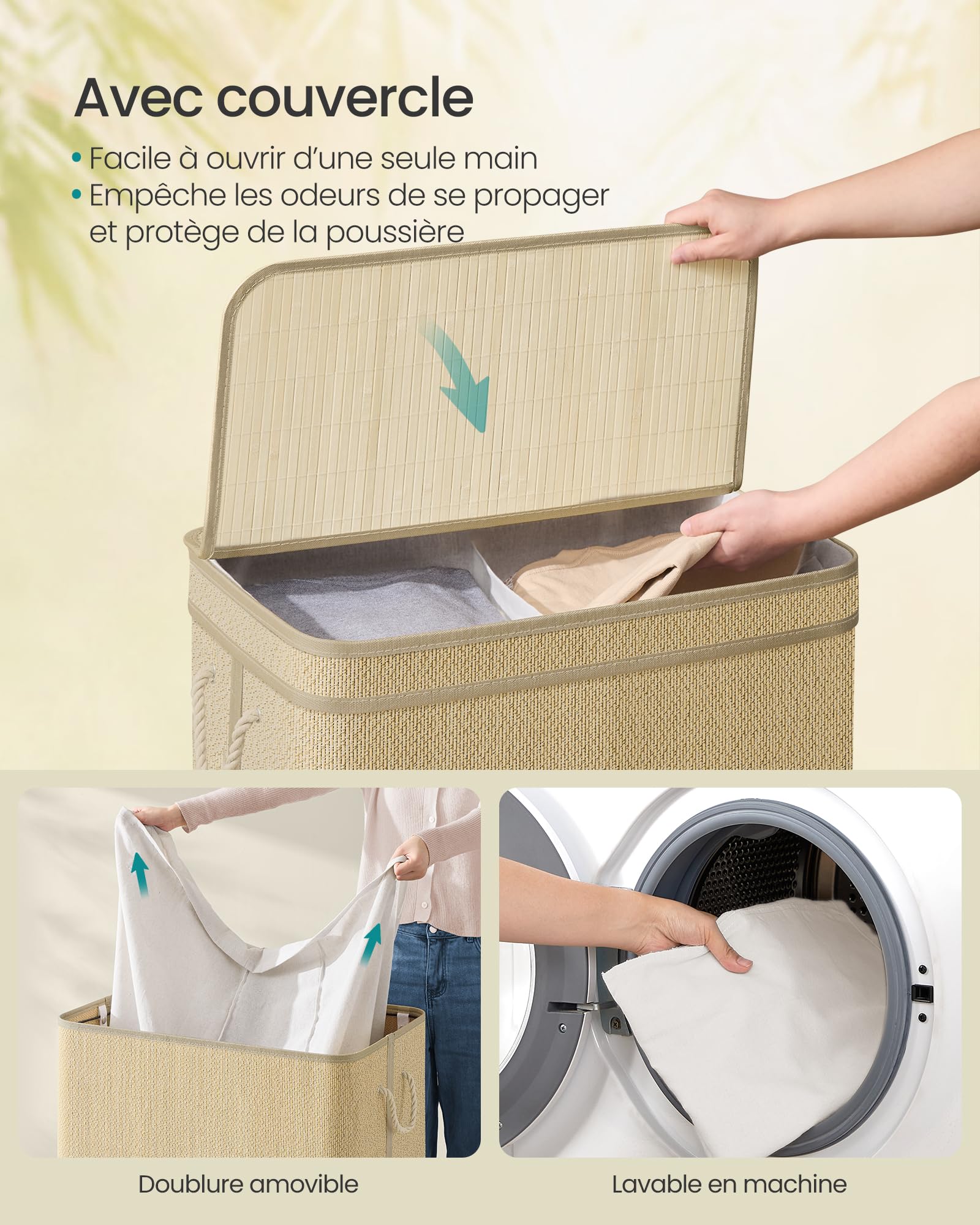 Rangement Buanderie Salon Panier à Linge Bambou 2 Compartiments - 130L - Sac Amovible Lavable - Couvercle - SONGMICS - Naturel Panier Linge 130l