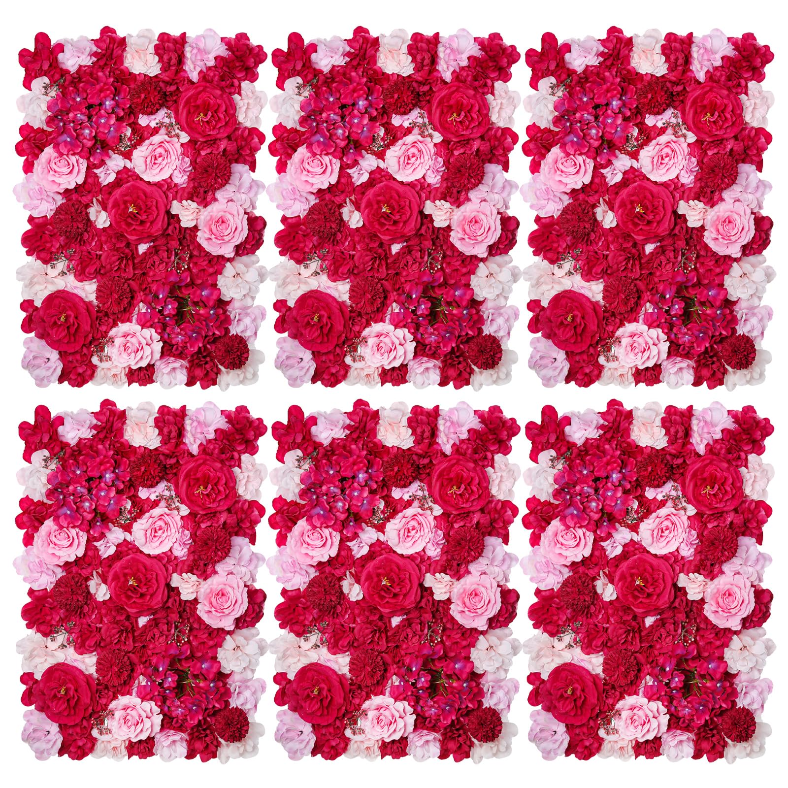 SWTHONY Artificial Flower Wall Panel for Backdrop Pack of 6, 16 x 24 Inches Floral Backdrop for Party, Wedding, Birthday, Living Room, Indoor&Outdoor Red Silk Rose Flower Wall Decor
