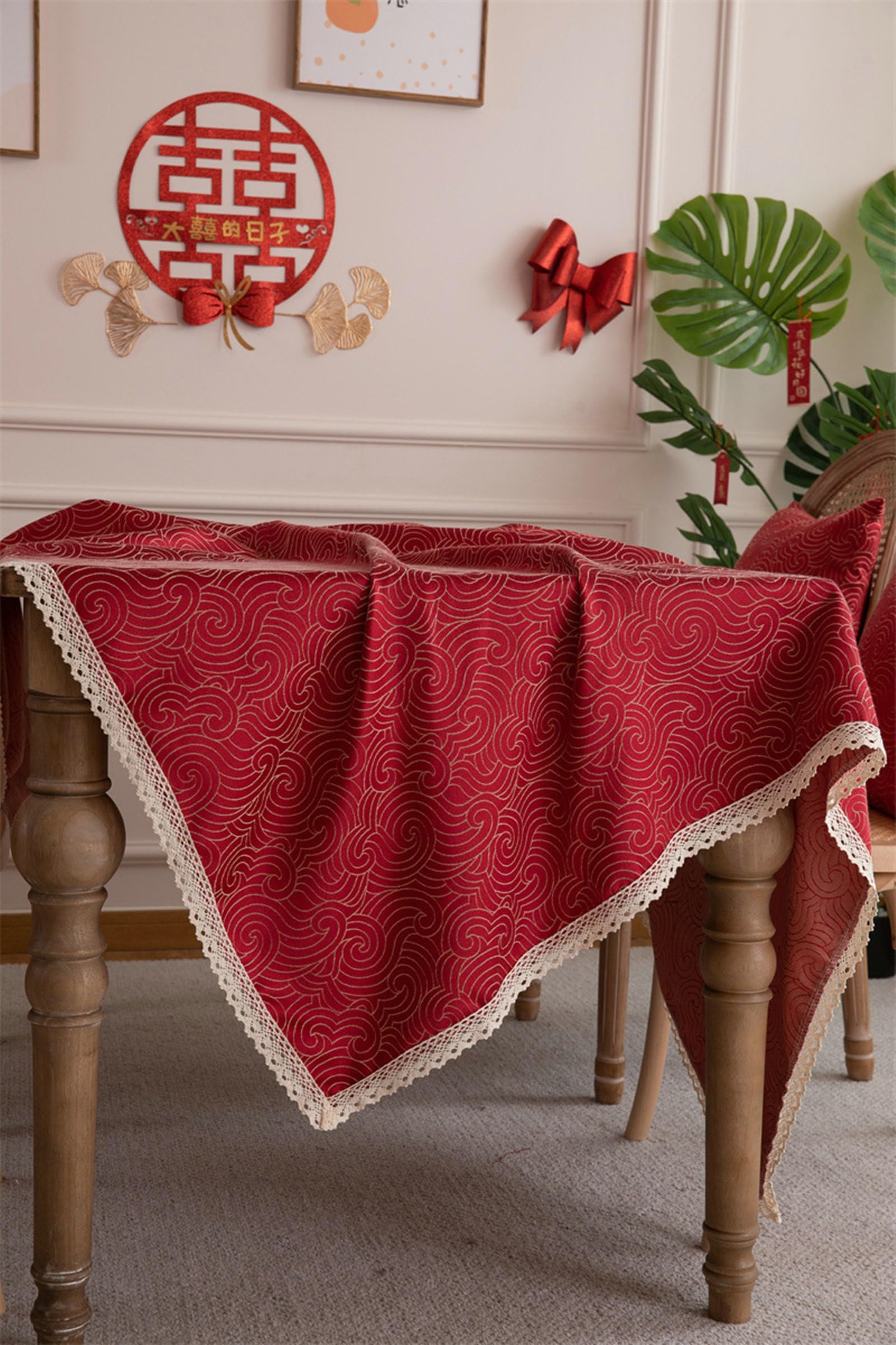 Gualiy Tovaglie Rettangolari in Poliestere, Tovaglie Salotto 140 x 260cm Tovaglia da Tavola Antimacchia Nuvole Jacquard con Bordo in Pizzo Tovaglia per Sala da Pranzo, Rosso
