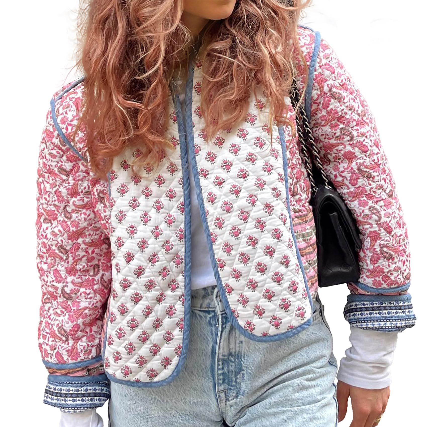 Chaqueta acolchada recortada para mujer, ligera, con estampado floral, abrigo acolchado frontal abierto, prendas de vestir cálidas de invierno