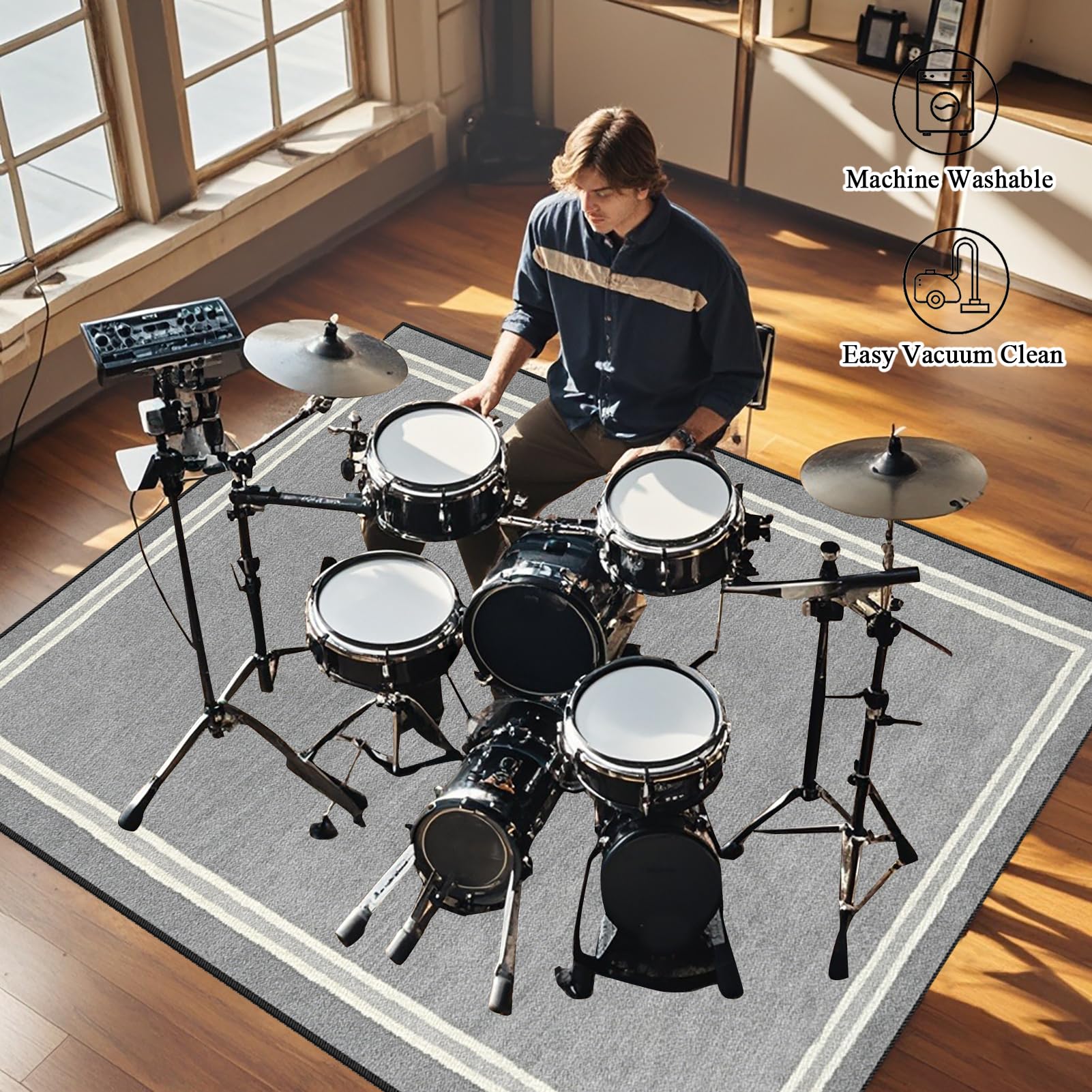 Tappeto Batteria Acustica, Tappeto a Tamburo Elettronica Insonorizzante, 230 x 200 cm Grigio Drum Tappeto insonorizzato per Batterie Elettroniche, Tappetino del Tamburo per Snare Drum Grancassa