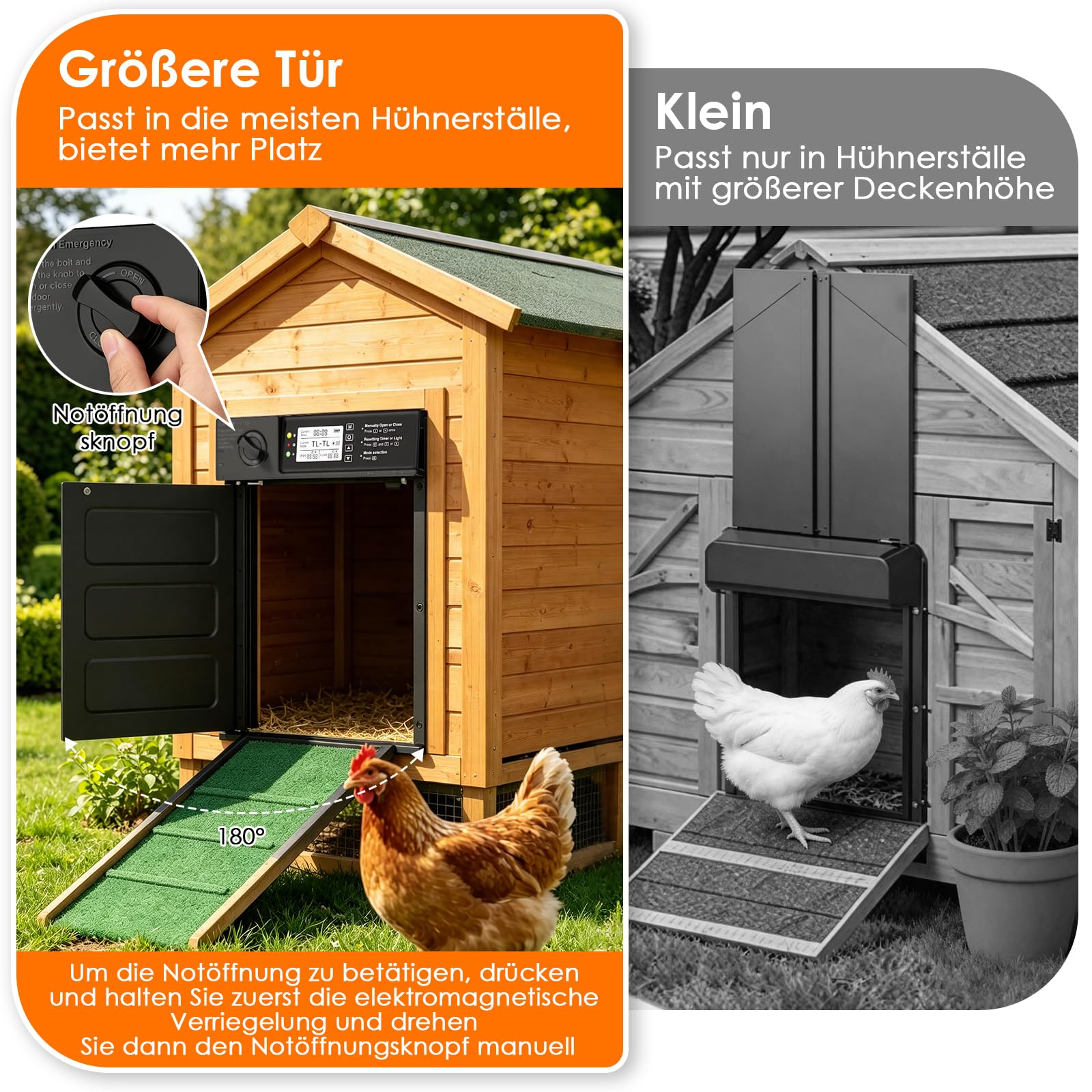 Größe Automatische Hühnerklappe Solar, Seitlich Öffnende Doppelschiebetür, Elektrische Hühnerklappe Automatisch Hühnertür mit Timer, Lichtsensor, Fernbedienung, Intelligenter Einklemmschutz