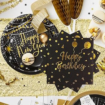 Serviette Happy Birthday Noir & Or - Lot de 10 : Serviettes anniversaire sur Spa