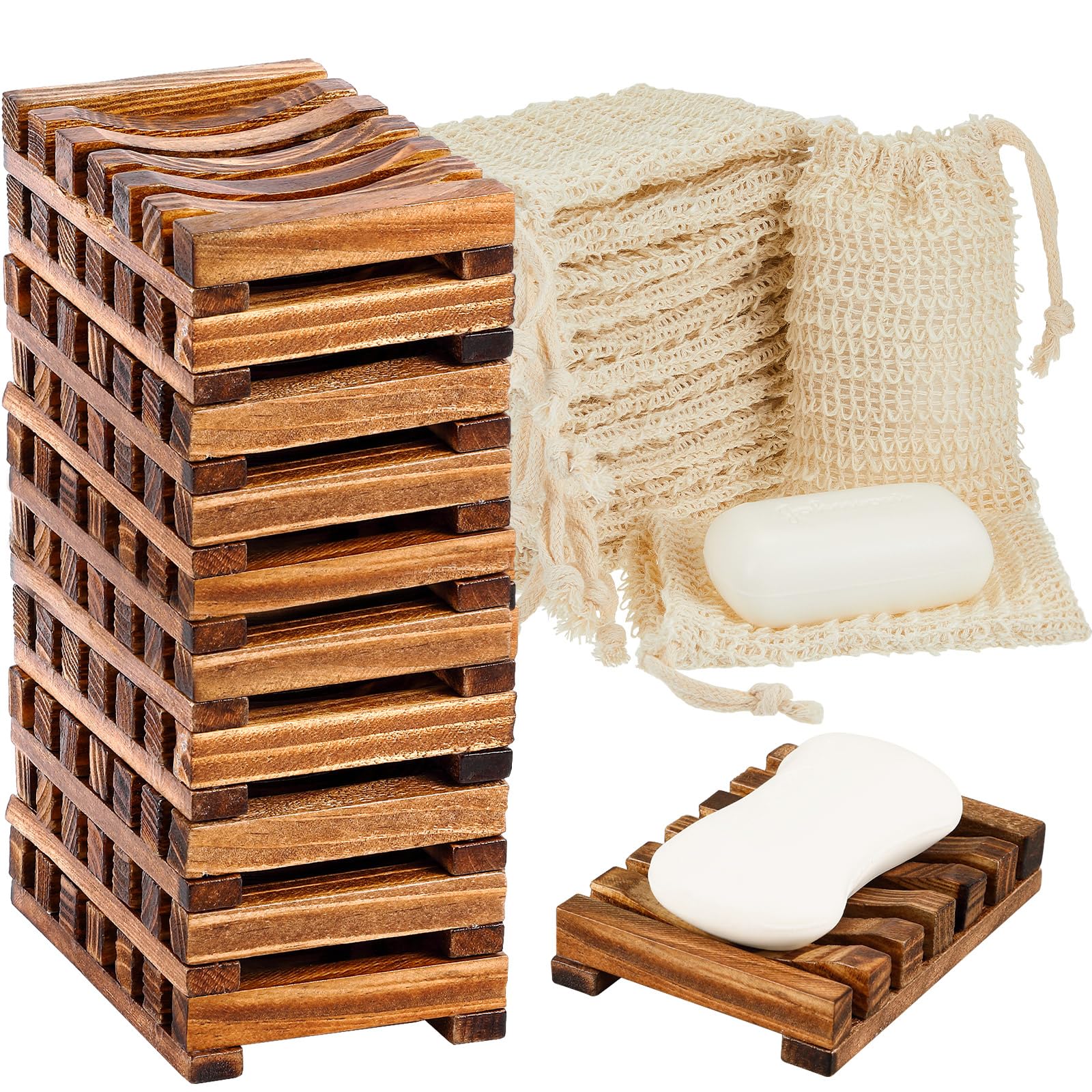 Umigy Kit de 60 bolsas de jabón y soporte para jabón, bolsa de malla de sisal, bolsa de jabón exfoliante, bandeja de jabón de madera de bambú, soporte para barra de jabón de baño para uso en ducha y