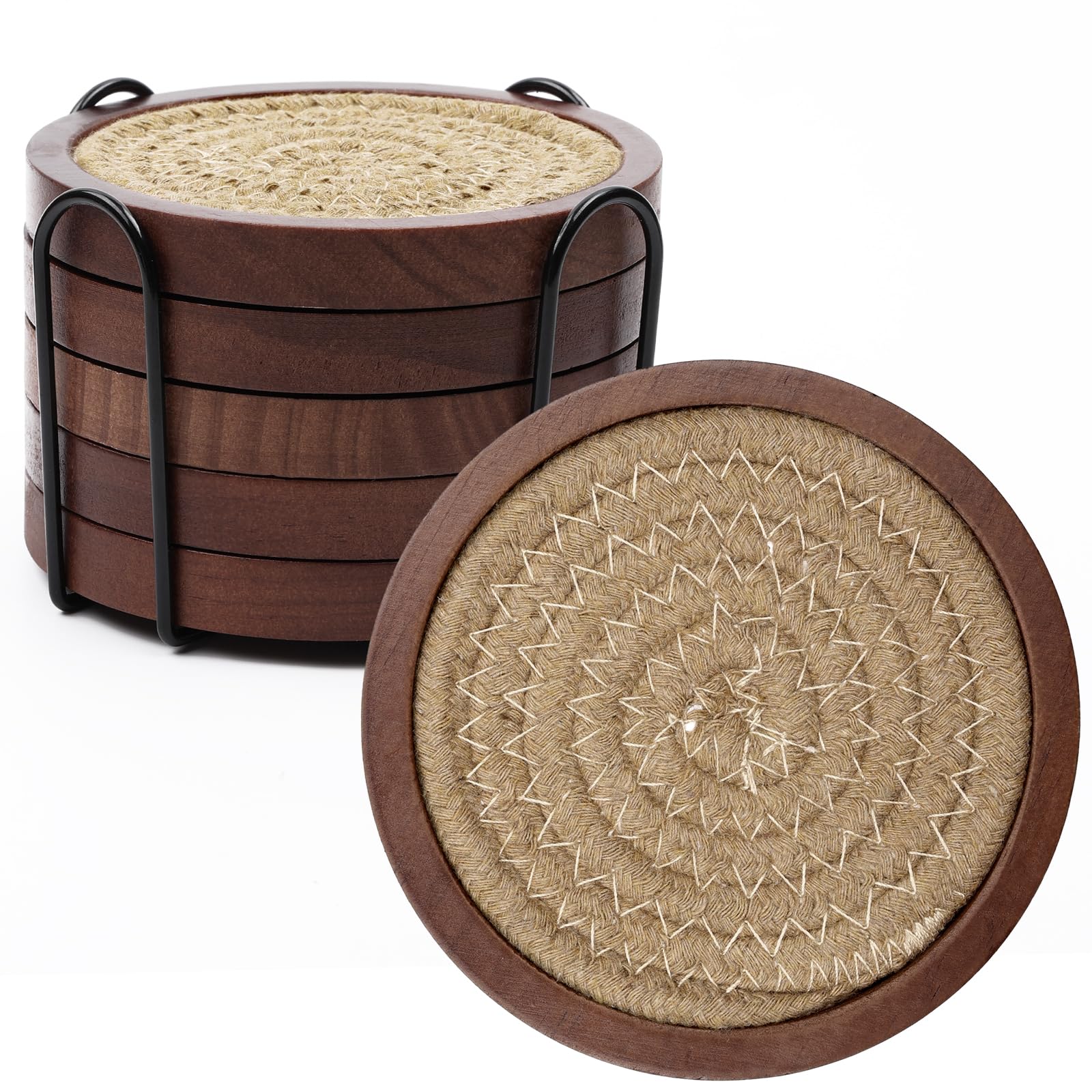 Mckanti 5 Pack Wooden Coasters with Holder for Coffee Table Decor, Absorbent for Kinds of Cups, 4.3 Inches