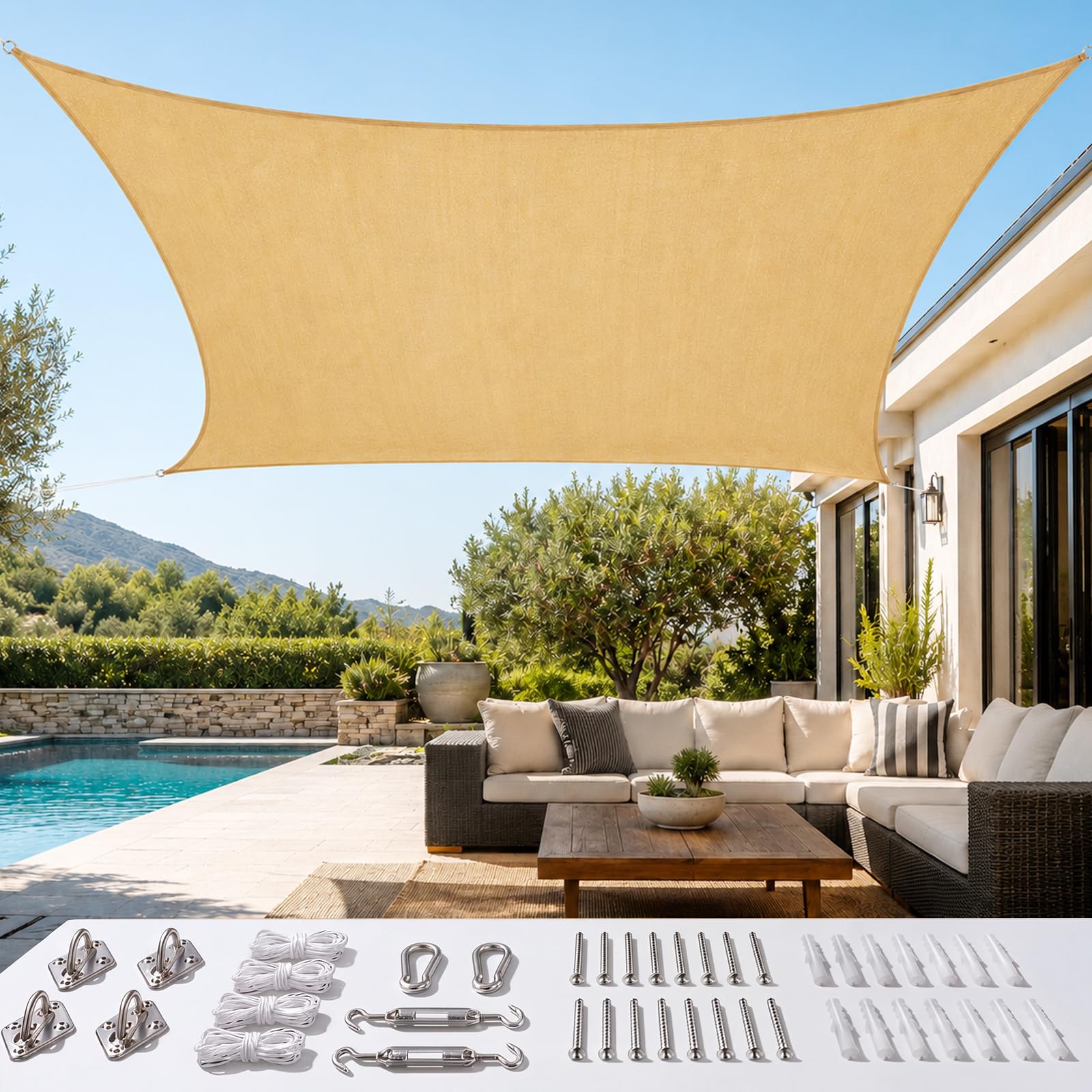 Quictent Sonnensegel, quadratisch, 6,2 x 6,2 m, groß, 185 g, HDPE, 98% UV-Schutz, für Außenbereich, Terrasse, Garten, mit Hardware-Kit