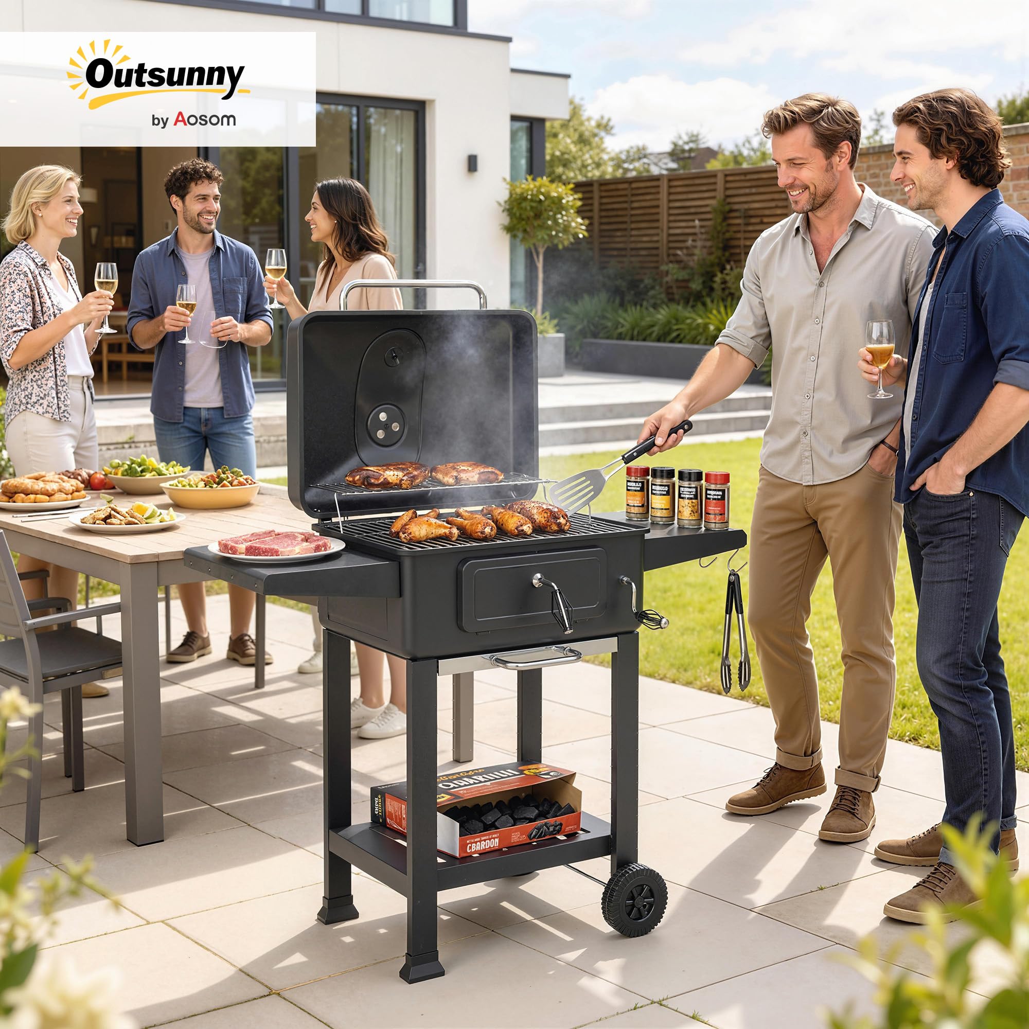 Outsunny Barbacoa de Carbón Portátil, Barbacoa de Carbón Móvil con Bandeja y Ventilación Ajustable, Estantes Laterales, Termómetro, Tapa, Cajón de Cenizas, Ruedas, Puerta Frontal, Asa, Negro