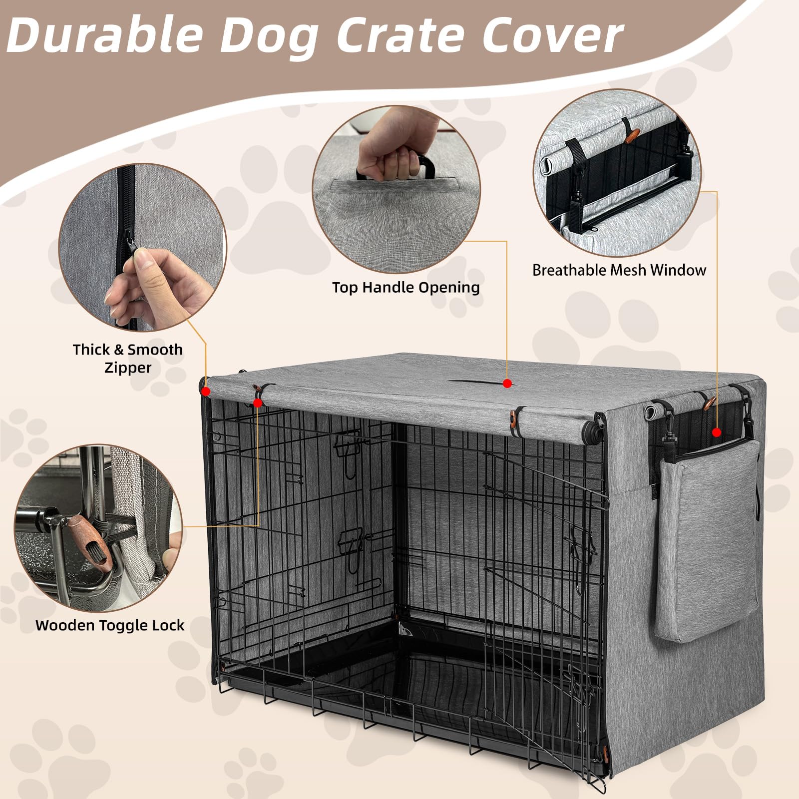 600D Hundekäfigabdeckung, wasserdichte Haustierhüttenabdeckung mit Aufbewahrungstasche, passend für 106,7 cm Drahtkäfig-Hundekäfig, 106,7 cm, Grau
