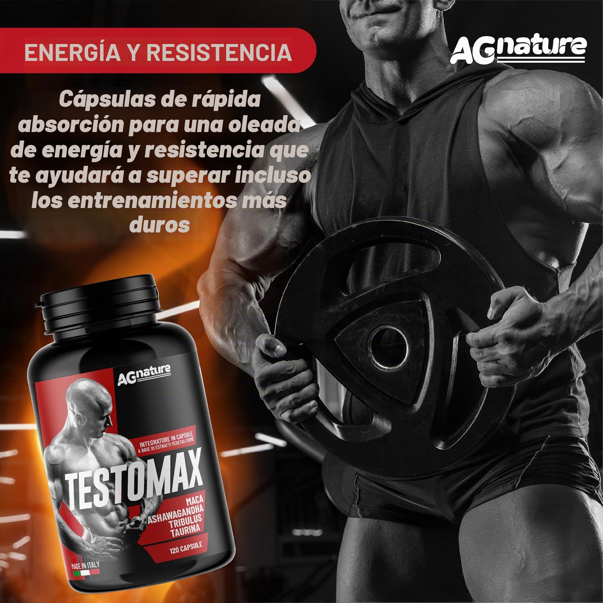 AG nature Testosterona Hombre Aumento Masa Muscular x Gimnasio 120 Cápsulas | Suplemento Fuerte Energizante con Maca Peruana, Magnesio, Zinc y Vitamina B6