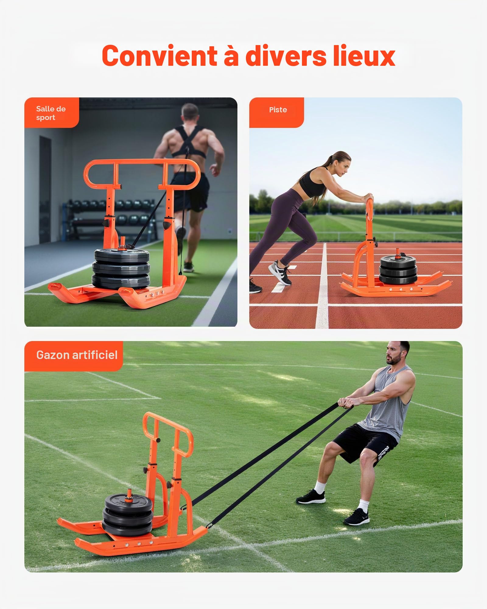 VEVOR Traîneau de Puissance en Acier, Équipement d'Entraînement de Force, Vitesse et Explosivité avec Poignée Réglable en Hauteur, Poussée et Traction, Compatible avec Disques de 2,5 et 5 cm, Orange