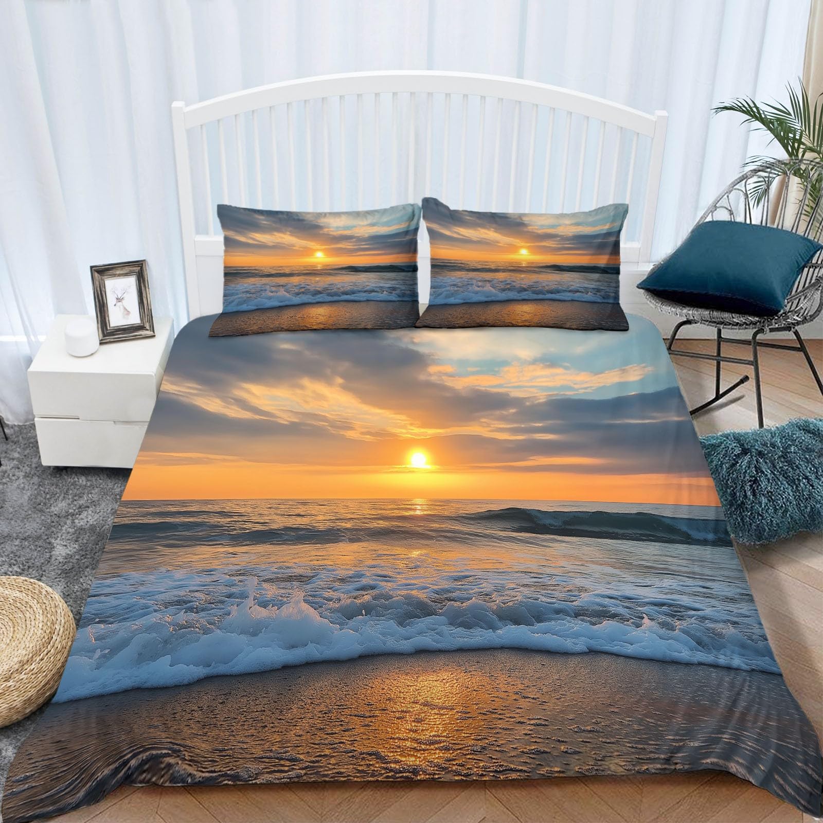 Generico Set Copripiumino Singolo Matrimoniale 240x220 cm Tramonto Vista Mare Copripiumino con 2 Federa 50x80 cm in Poliestere Cotone, Set Biancheria da Letto Morbido Anallergico