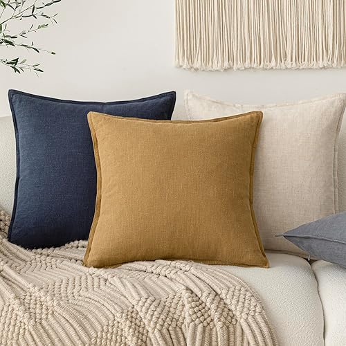 Miniatura 5 de Foindtower Paquete de 2 fundas de almohada decorativas de lino sólidas, funda de cojín decorativa suave, estilo bohemio campestre para silla, sofá,