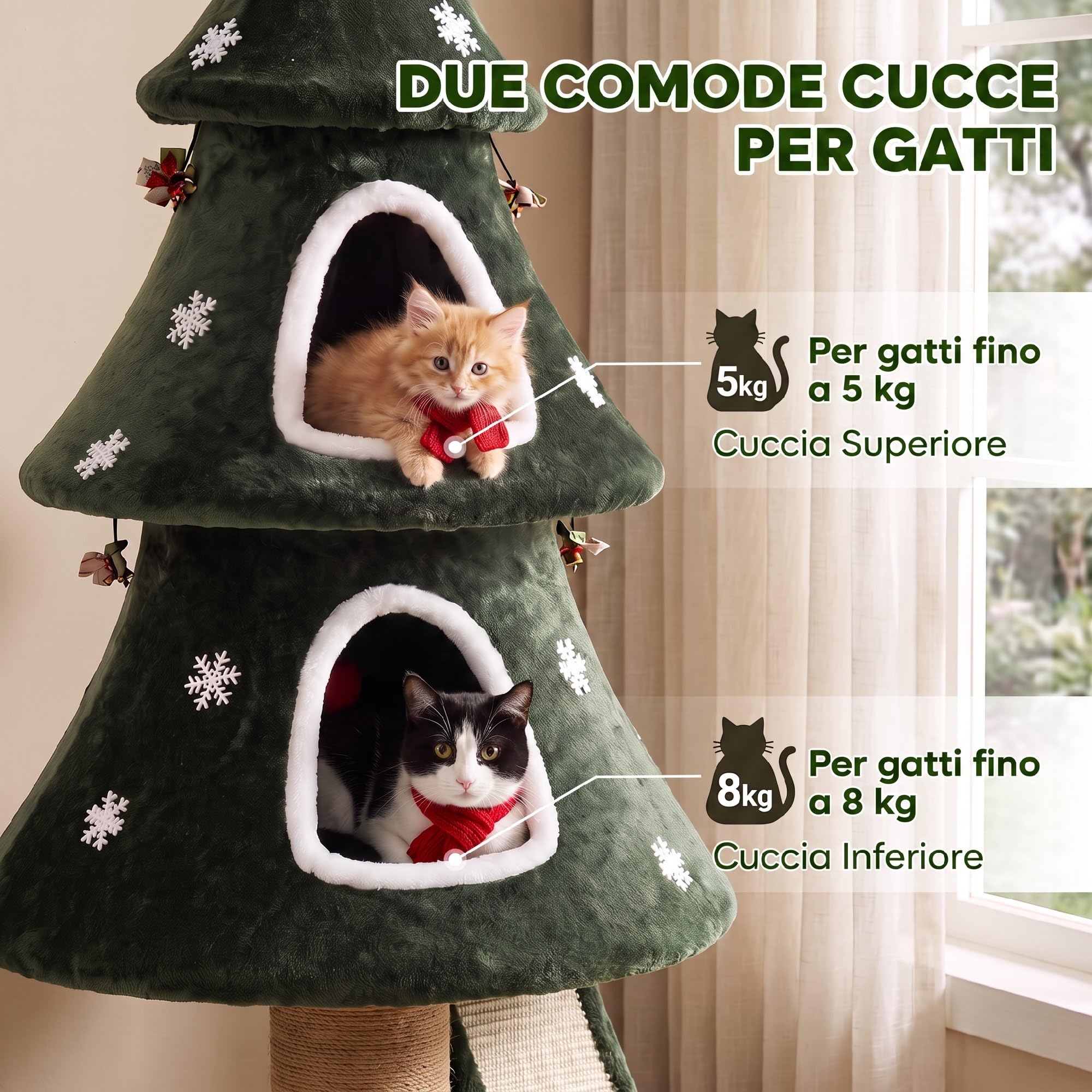 PawHut Albero Tiragraffi Natalizio per Gatti, 2 Cucce, Torre per Gatti con Scala in Sisal, Pali in Juta, Cinghia Antiribaltamento e Palline, 60 x 60 x 132 cm, Verde