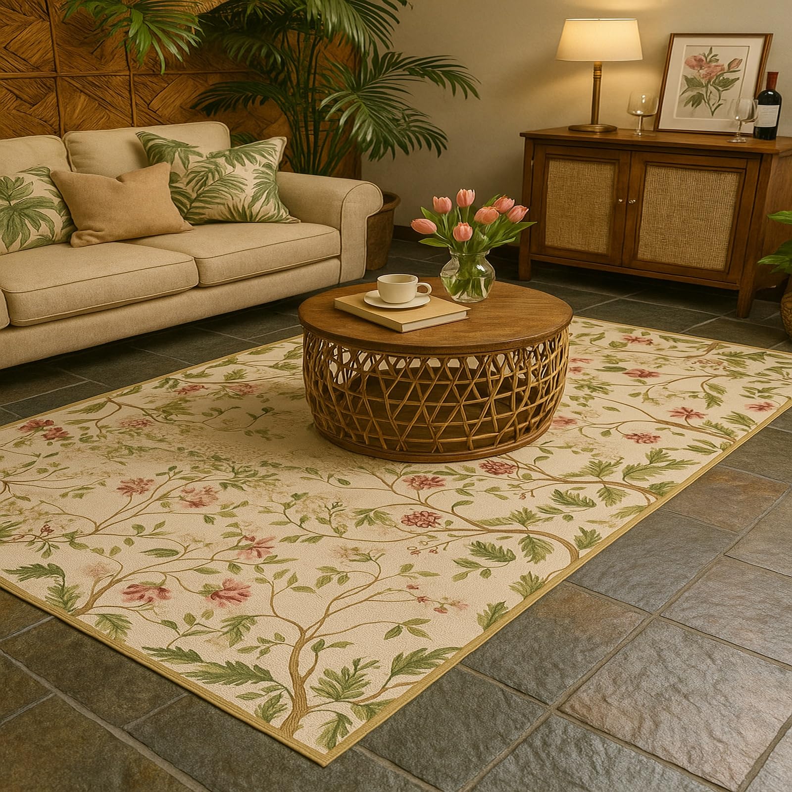Tapis couloir étroit vert vintage antidérapant lavable 120x160 pour terrasse