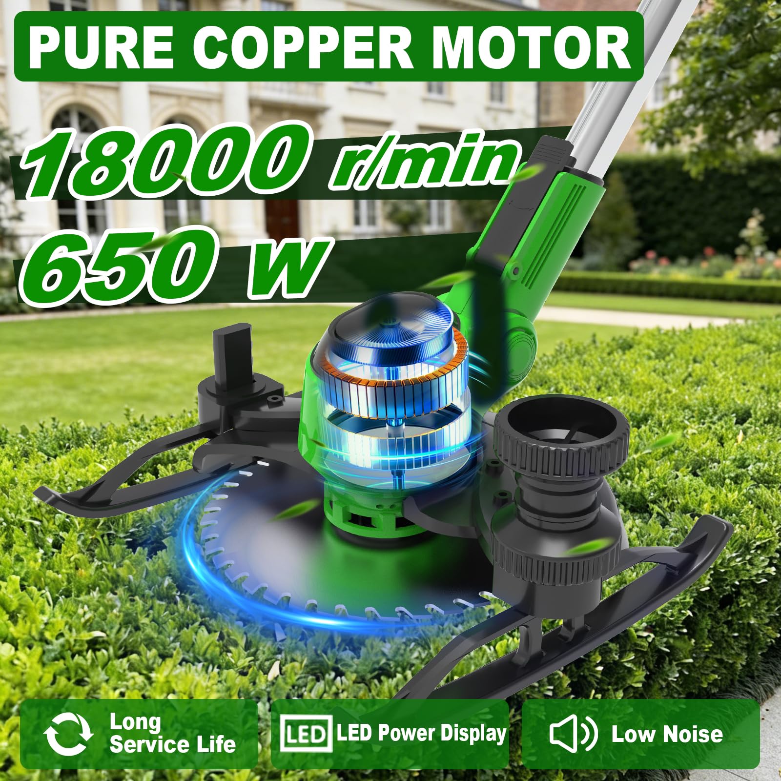 Desbrozadora Electrica, 21V Desbrozadora Batería, Cortabordes Bateria con 2 Baterías, Multifunción Cortacesped Eléctrico, Telescópico, Cabezal Pivotante 90° para Césped Jardín Poda, Verde