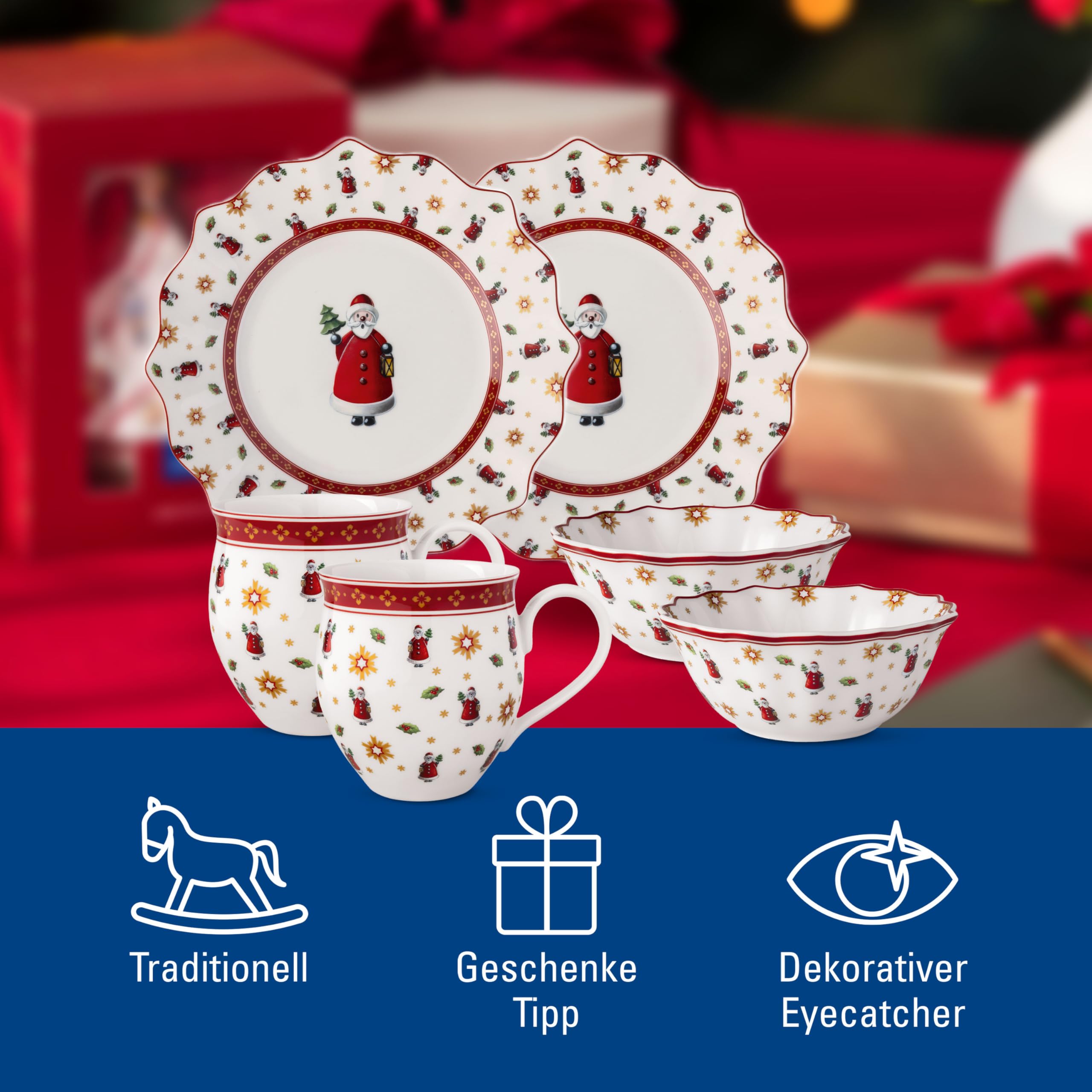 Villeroy & Boch - Toy's Delight Frühstücks-Set für 2 Santa 6 teilig Bunt, Weihnachten, Geschirr Set mit Frühstückstellern, Tassen und Schüsseln, Weihnachtsgeschirr, Premium Porzellan