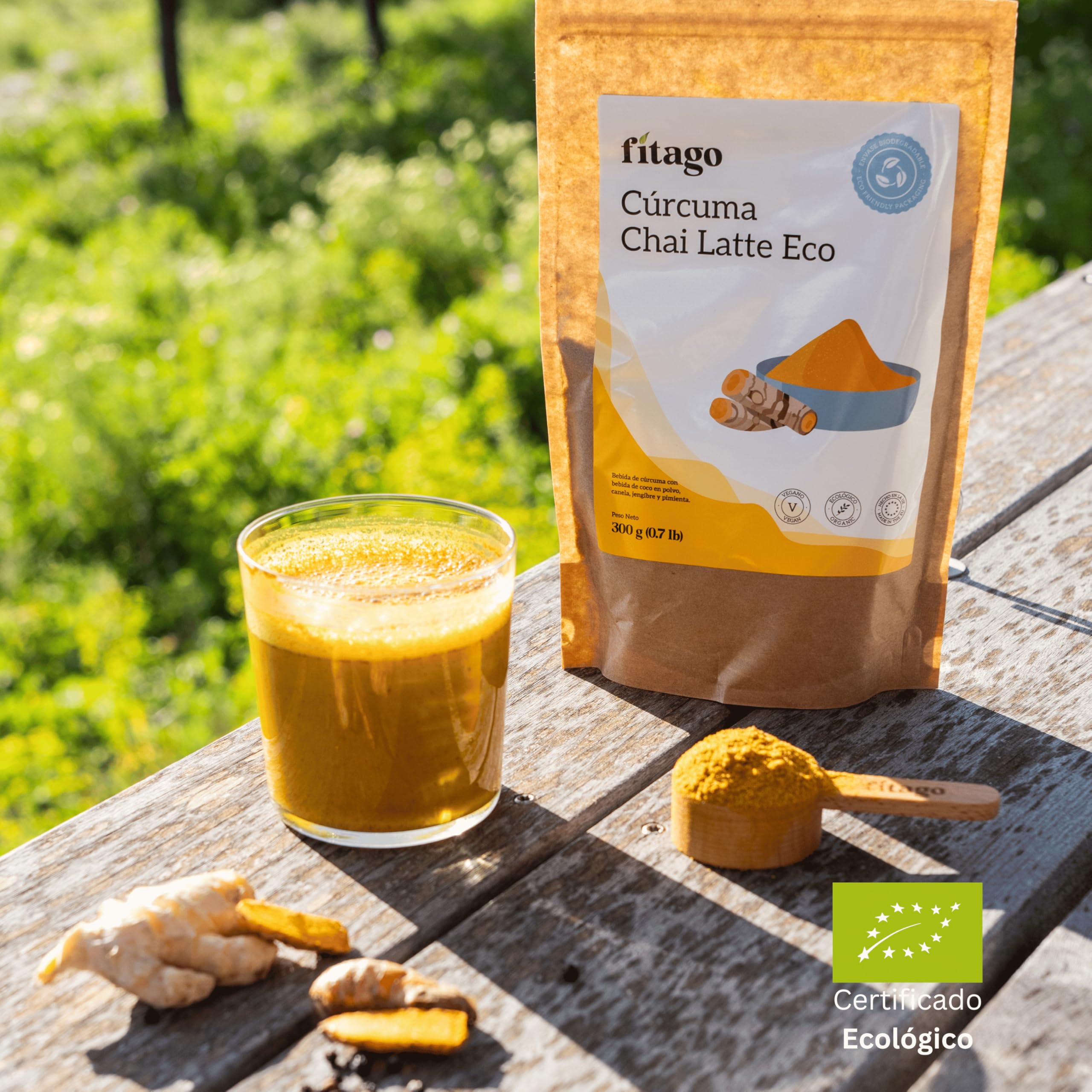 Fitago Curcuma Latte Ecológico 300g Golden Milk BIO Polvo Natural sin Aditivos Cúrcuma Jengibre Pimienta Negra Leche Coco
