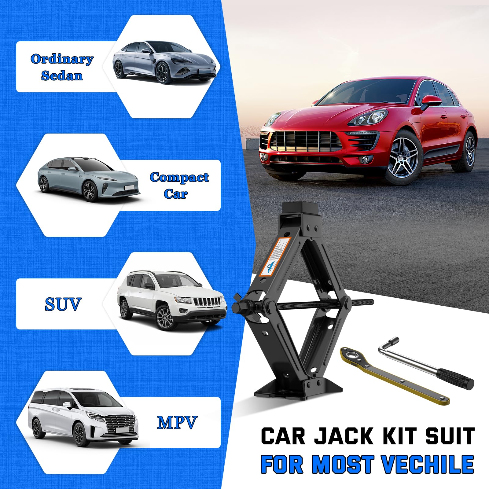 IMAYCC Kit cric per auto, cric a forbice per auto, 2 tonnellate, kit di riparazione con chiave a cricchetto, kit di cambio pneumatici di scorta, kit di emergenza per Vehi