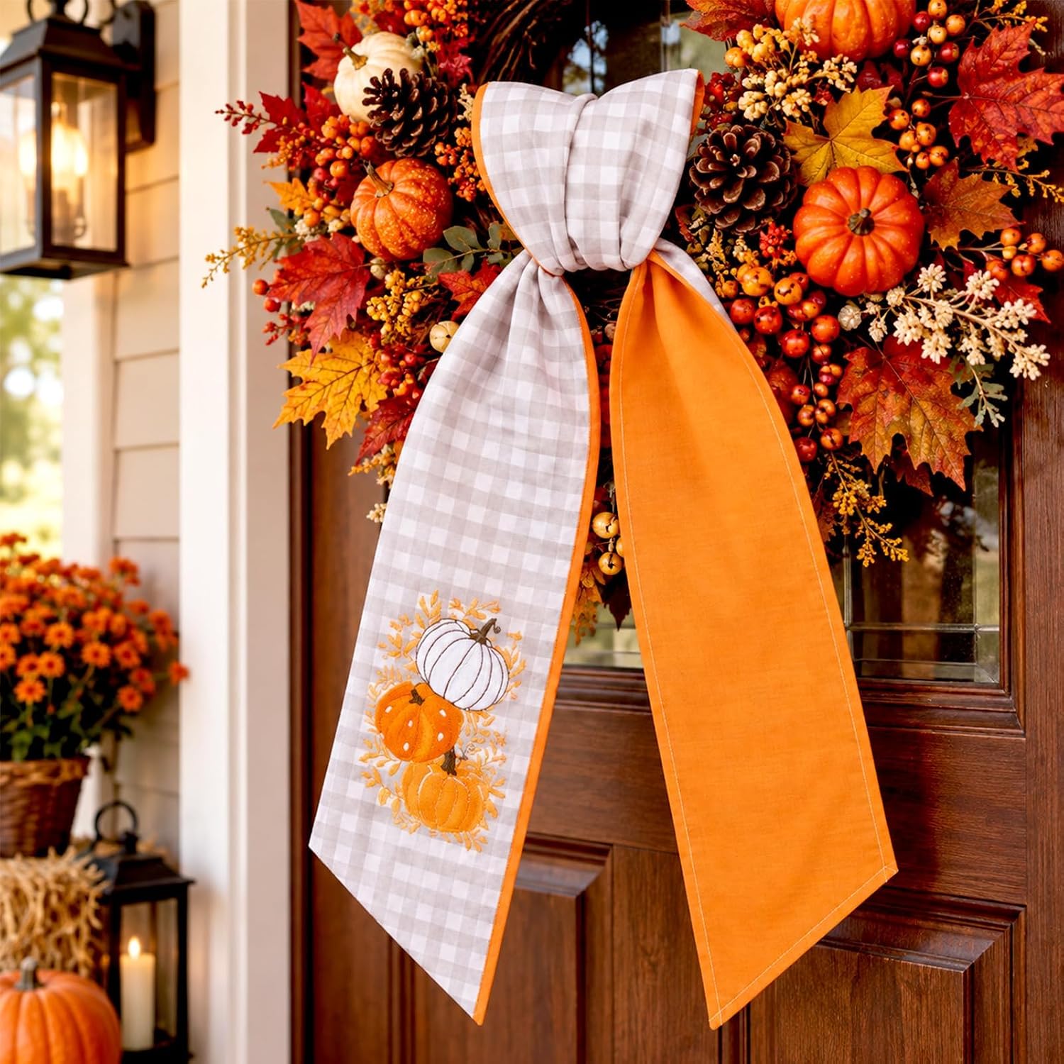 FYSUIMU Fall Wreath Sash for Front Door, Gray White Plaid Pumpkin