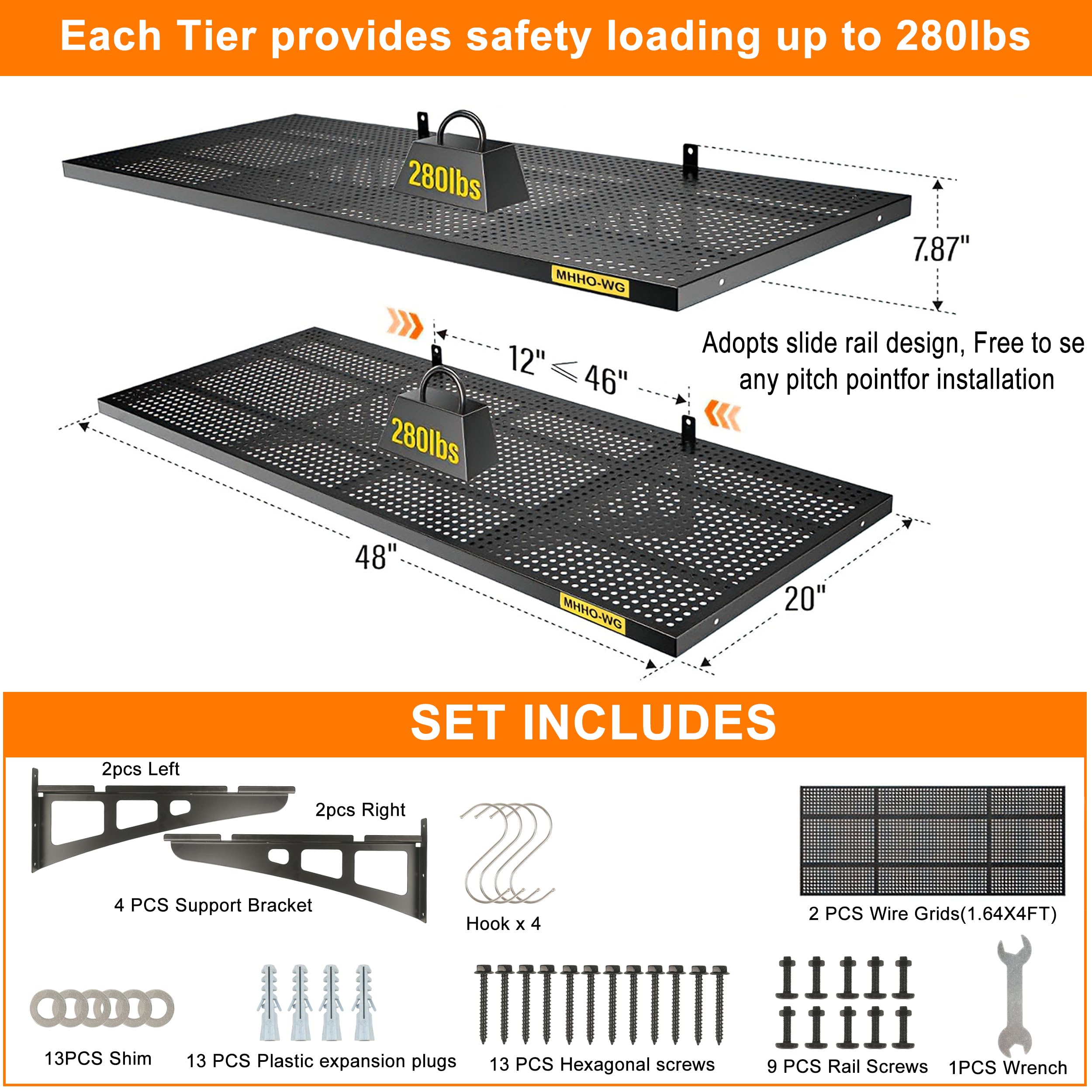 Ensemble d'étagères murales de Garage, Lot de 2, dimensions1.64x4Ft (0,5 x 1,22 m) – Étagères murales Robustes pour Garage, avec Crochets, Couleur Noire