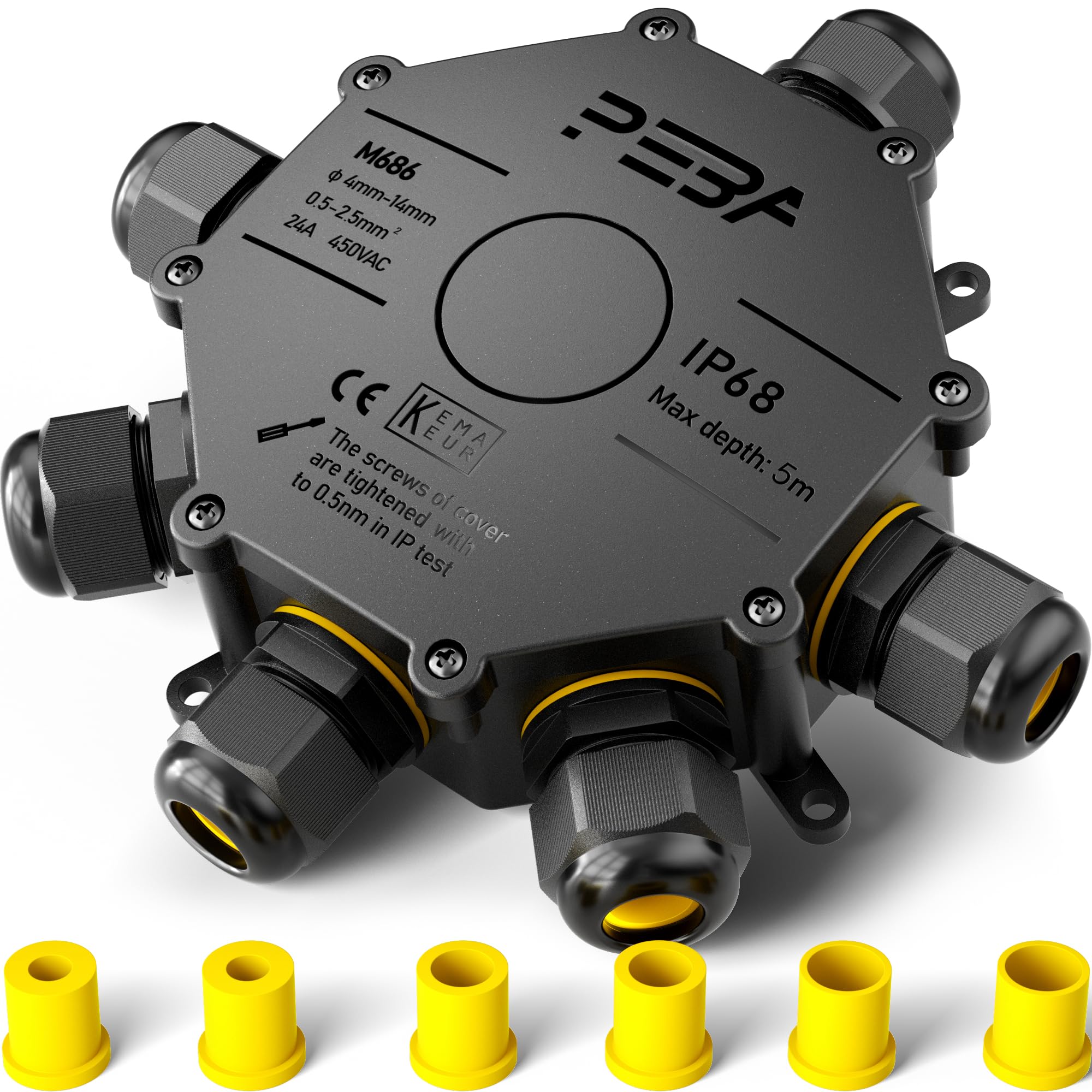 PEBA IP68 Abzweigdose, 6-Wege Rund-Abzweigkasten, Wasserdichte Kabelverbinder, Aufputz Verteilerdose Außen Wasserdicht für 4 mm - 14 mm Kabeldurchmesser Anschlussdose, Klemmkasten schwarz