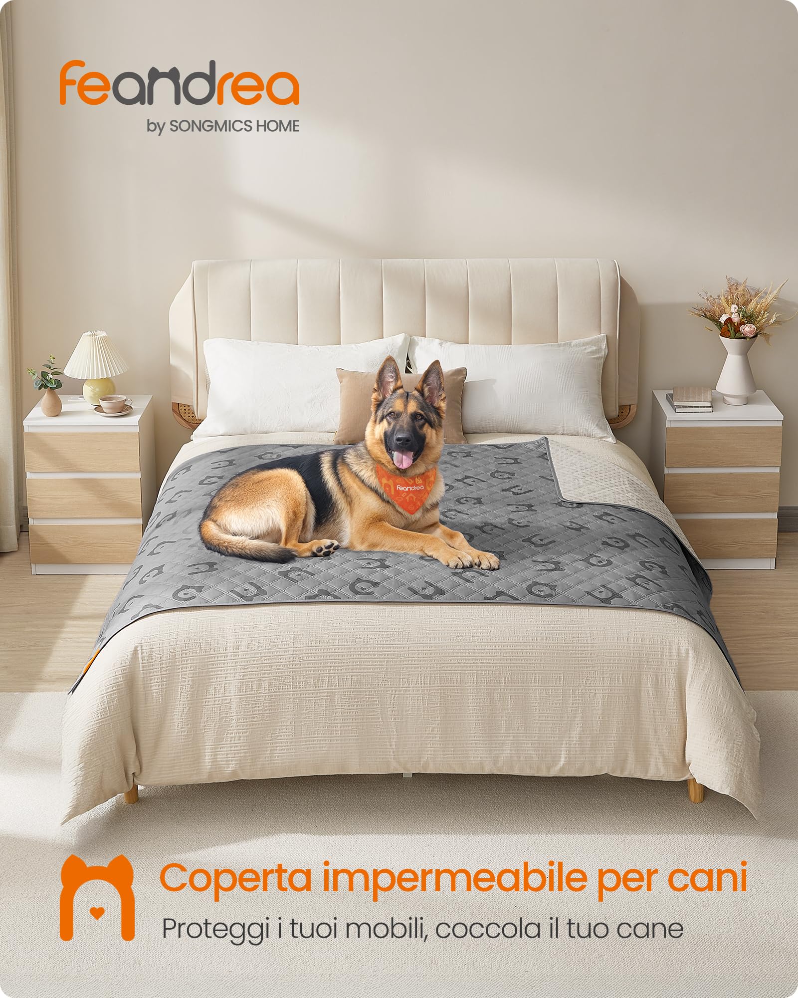 Feandrea Coperta per Cani Impermeabile di Taglia Grande, 208 x 132 cm, Copridivano per Cani Lavabile in Lavatrice, Copertura per Divano per Animali, Antiscivolo, Trapuntato, Grigio Tortora PPB027G01
