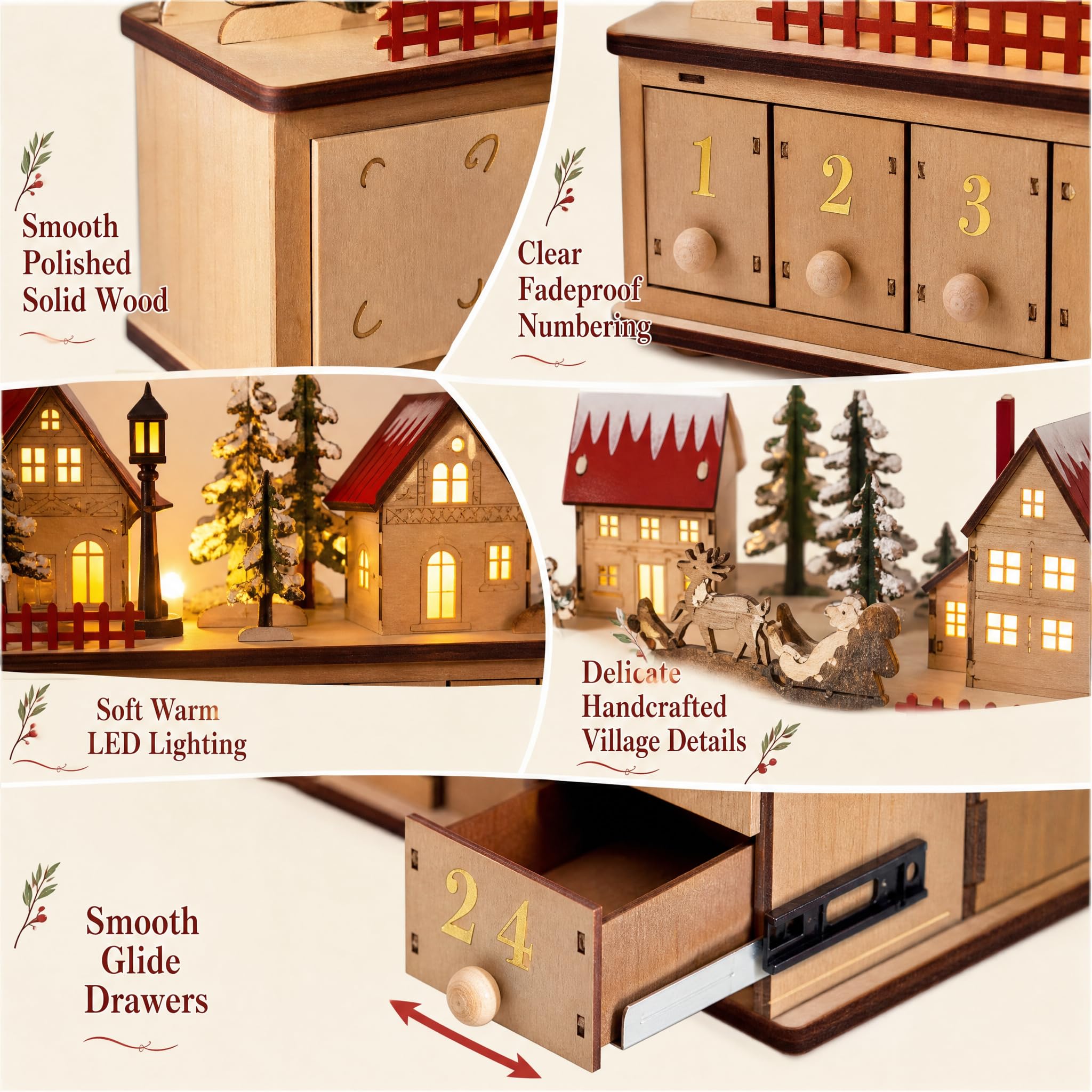 Calendario de Adviento de madera con cajones rellenables de 24 días
