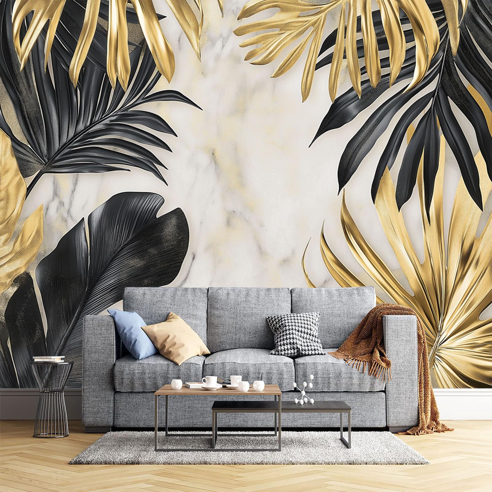 Papier peint pour salon effet marbre 3D et tapisserie nature