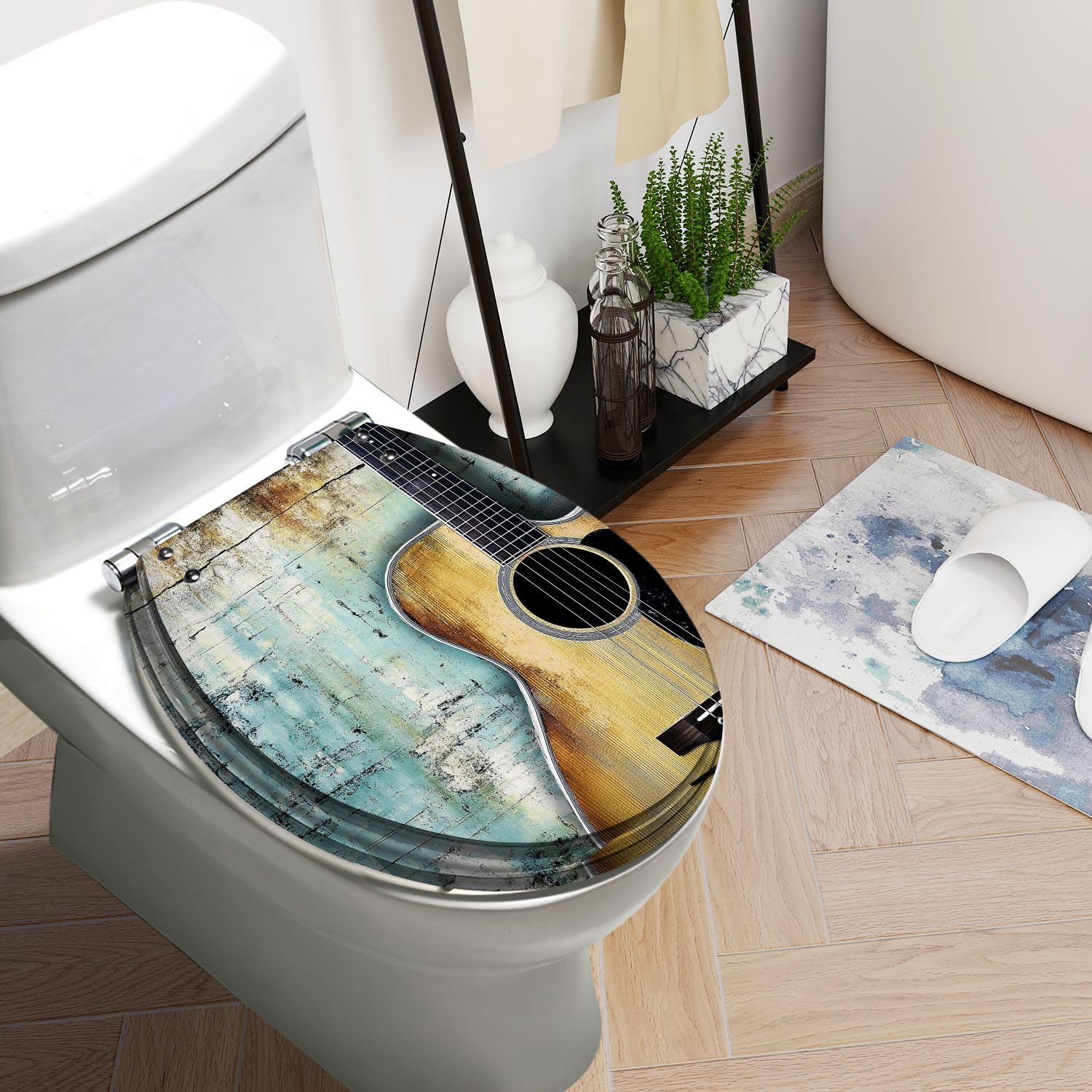 Round Toilet Seat Guitar Resin Toilet Seat Slow Quiet Close with Quick-Release Hinges Toilet Seat with Cover Easy to Clean Install