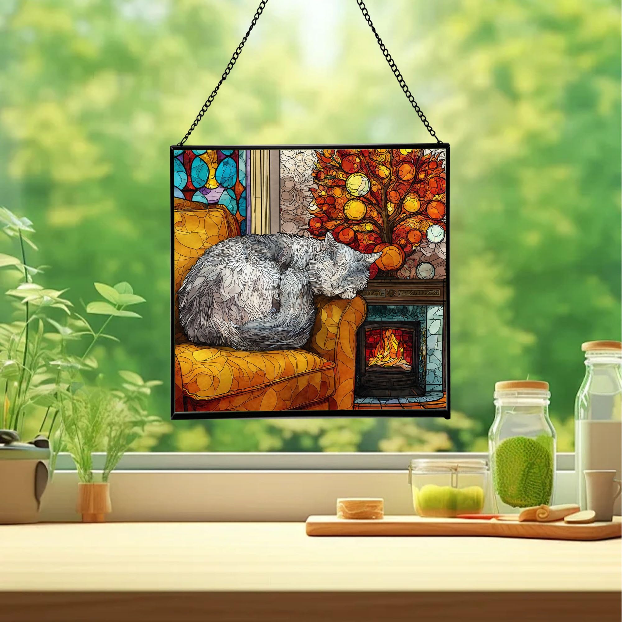Manx Cat Christmas Stained Glass Suncatcher – Square Hanging Holiday Window Panel with Cozy Fireplace Scene – Winter Glass Art Decoration Gift for Animal Lovers, Pet Owners rhvGQi