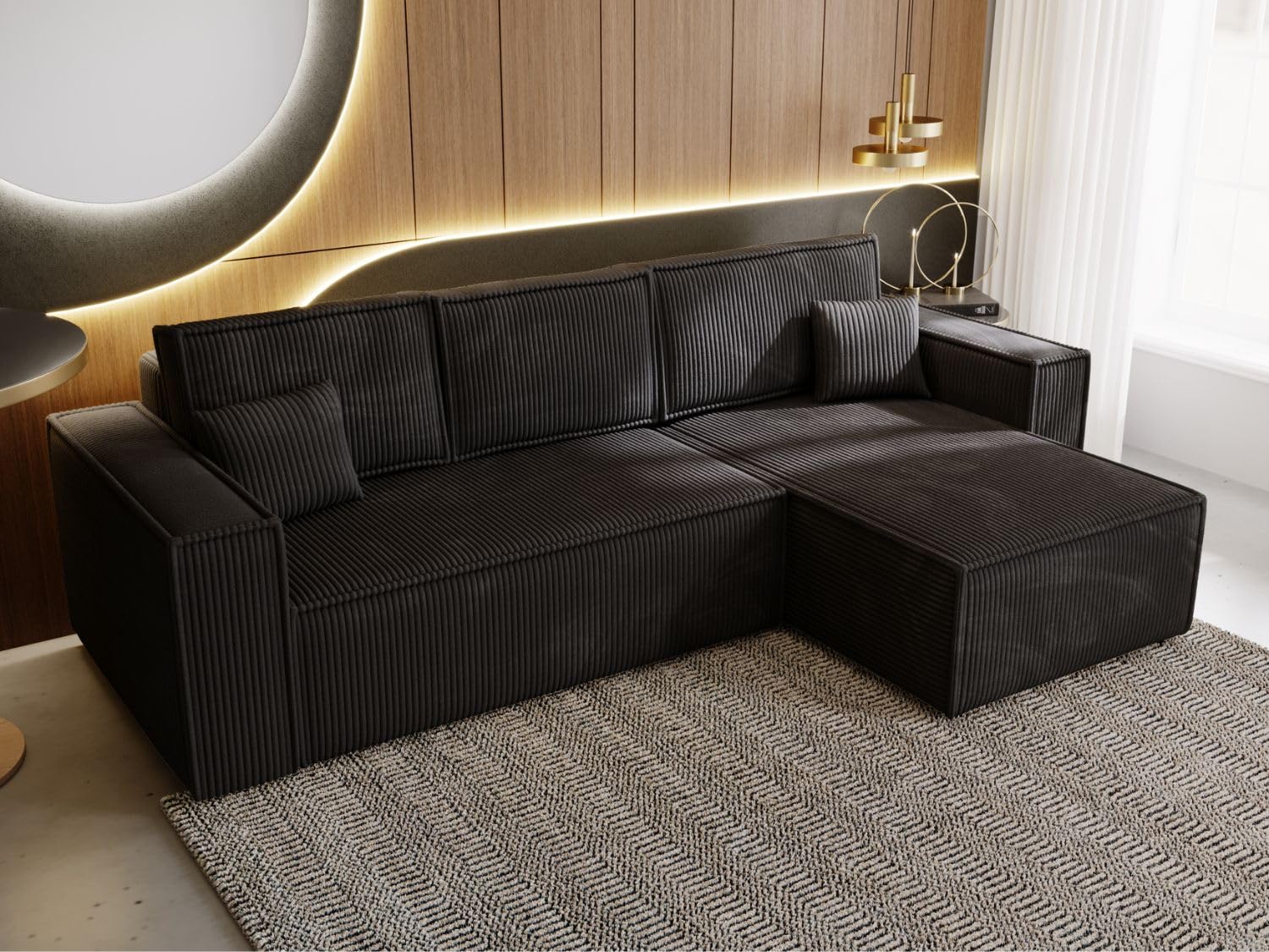 GRAINGOLD Prato XL Ecksofa mit Schlaffunktion & Bettkasten 280x170 cm, L-Form Sofa mit Stauraum, Schlafcouch für Wohnzimmer, Cord Stoff, 4-Sitzer Eckcouch, Modernes Design (Schwarz)